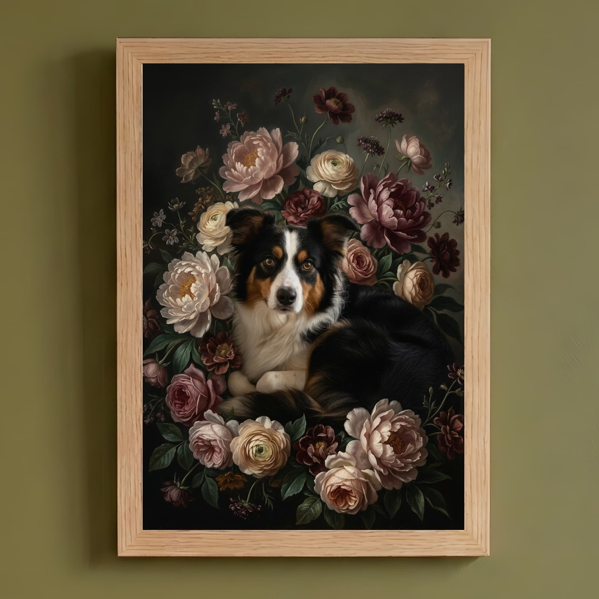 border collie Floral Oil-Painting Floral Framed Art Print (A4)