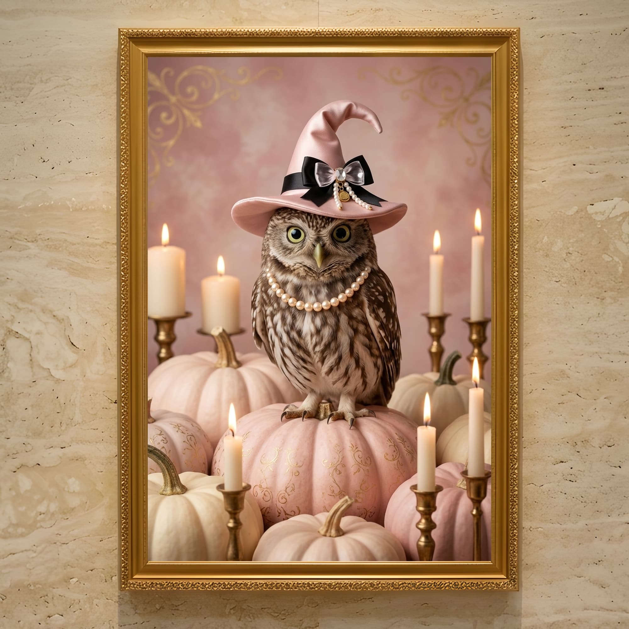 コノハズクのかぼちゃとキャンドルの油絵風アートハロウィン額装プリント(A3サイズ)
