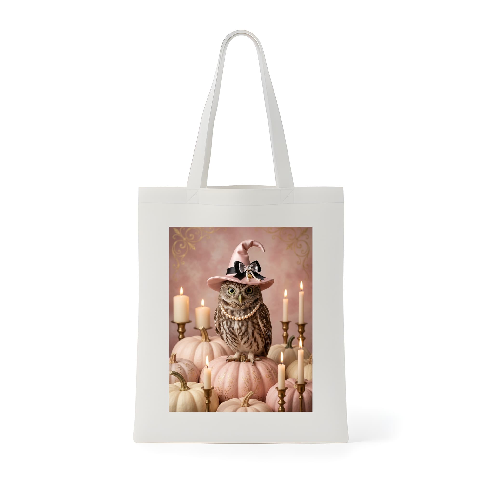 コノハズクのかぼちゃとキャンドルの油絵風アートハロウィントートバッグ