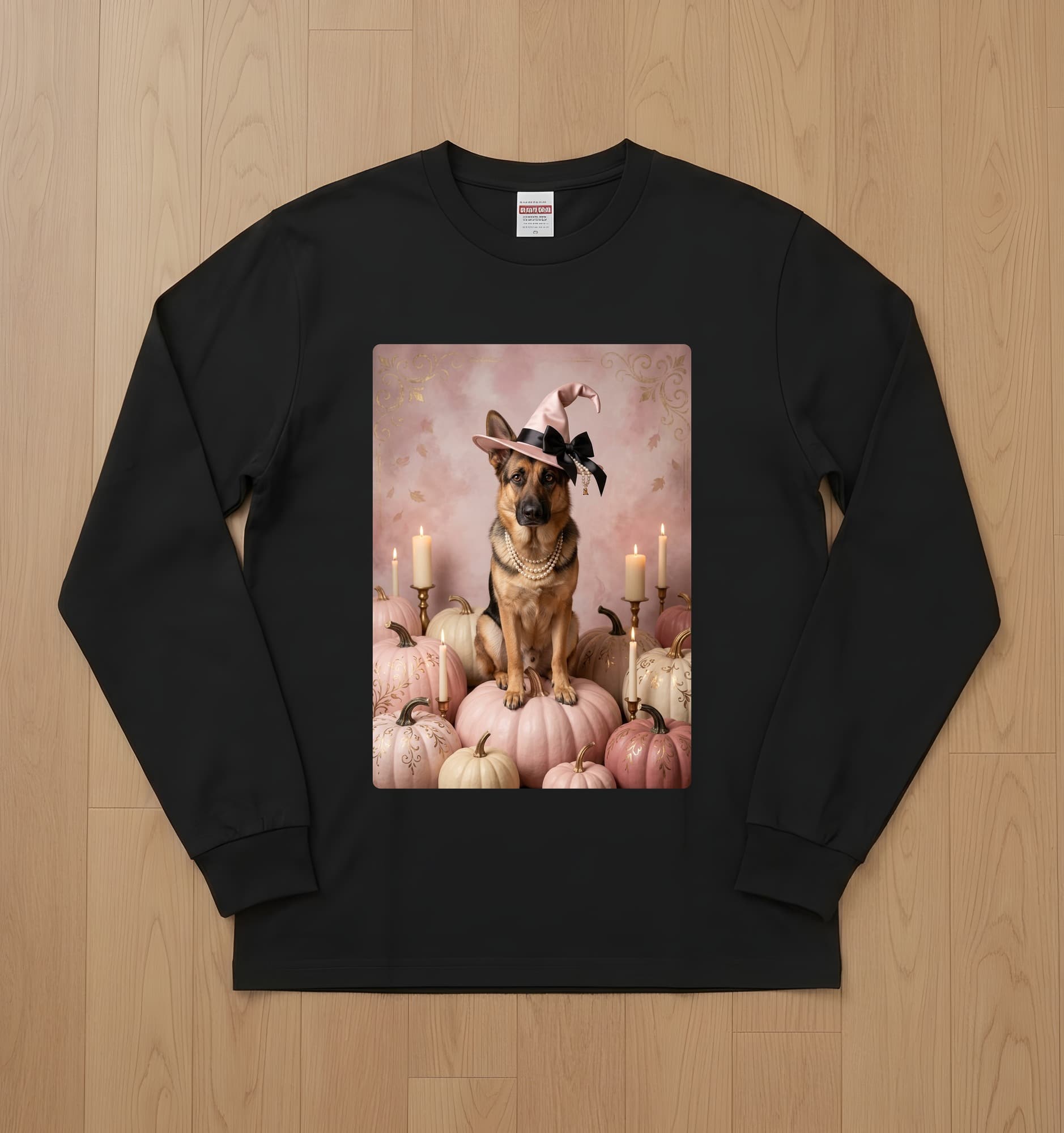 German shepherd Pumpkin & Candlelight Oil-Painting Halloween Long Sleeve T-Shirt (Black)