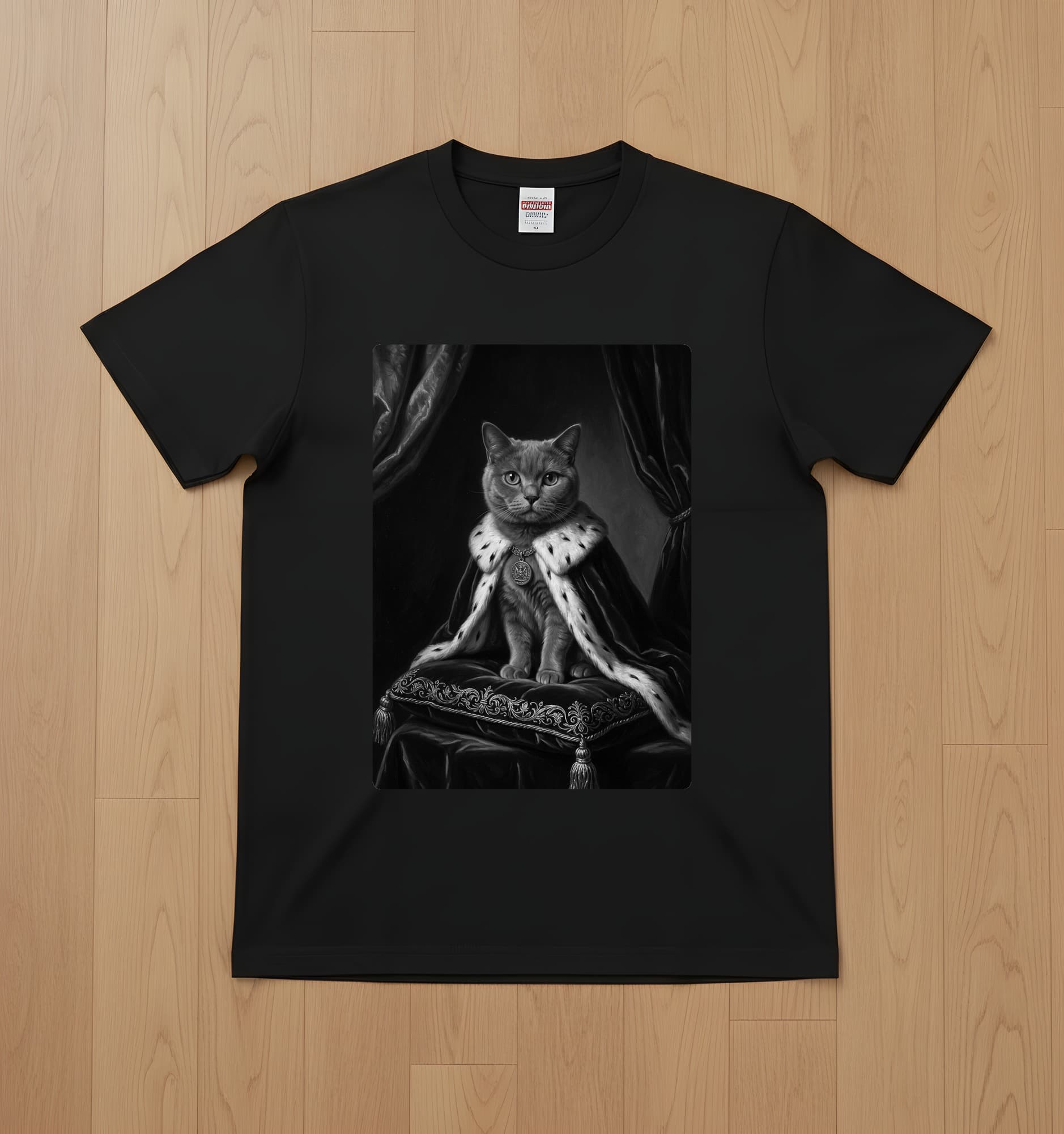 ブリティッシュショートヘアのルネサンス肖像画Tシャツ(ブラック・モノクロプリント・額縁なし)
