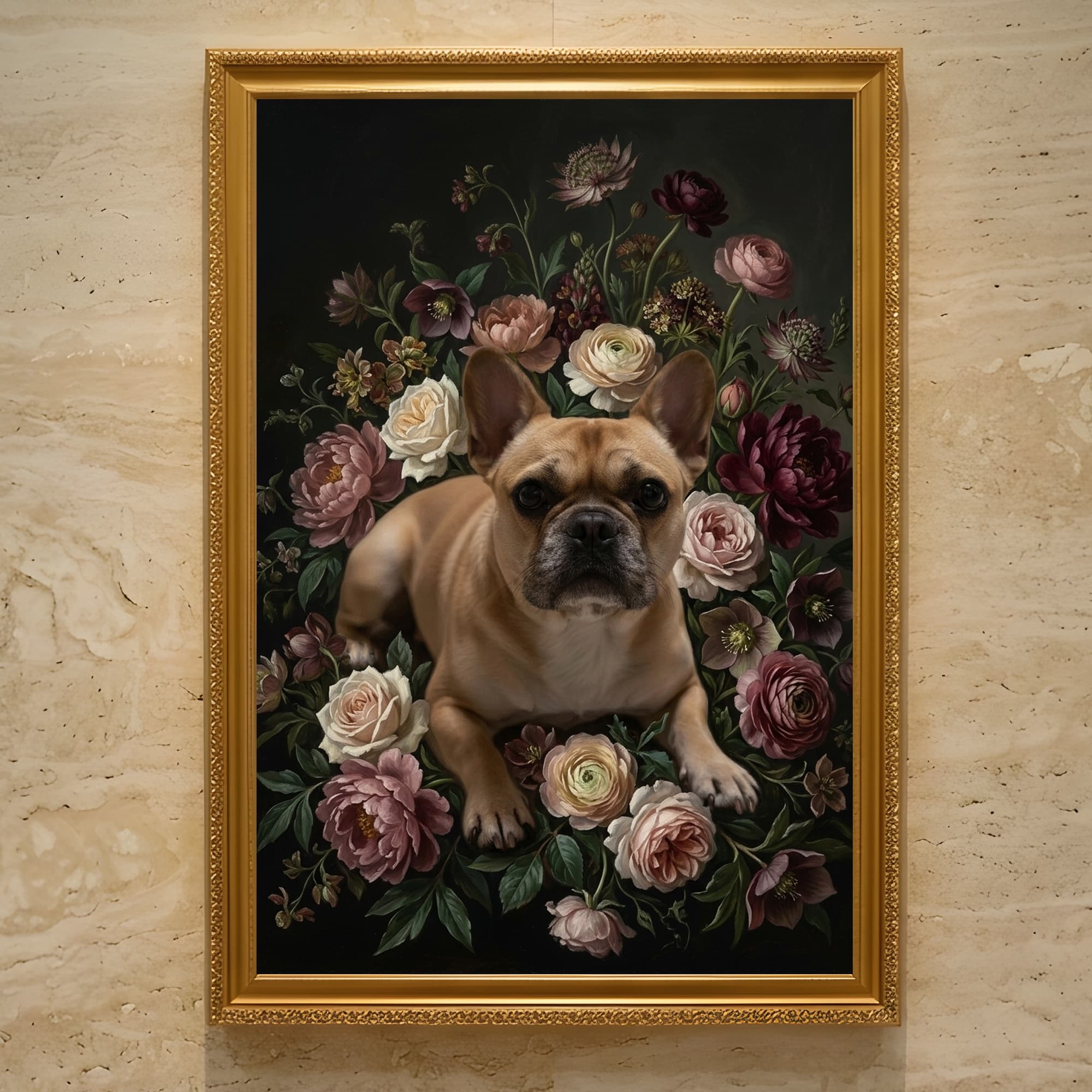 French bulldog Floral Oil-Painting Floral Framed Art Print (A3)