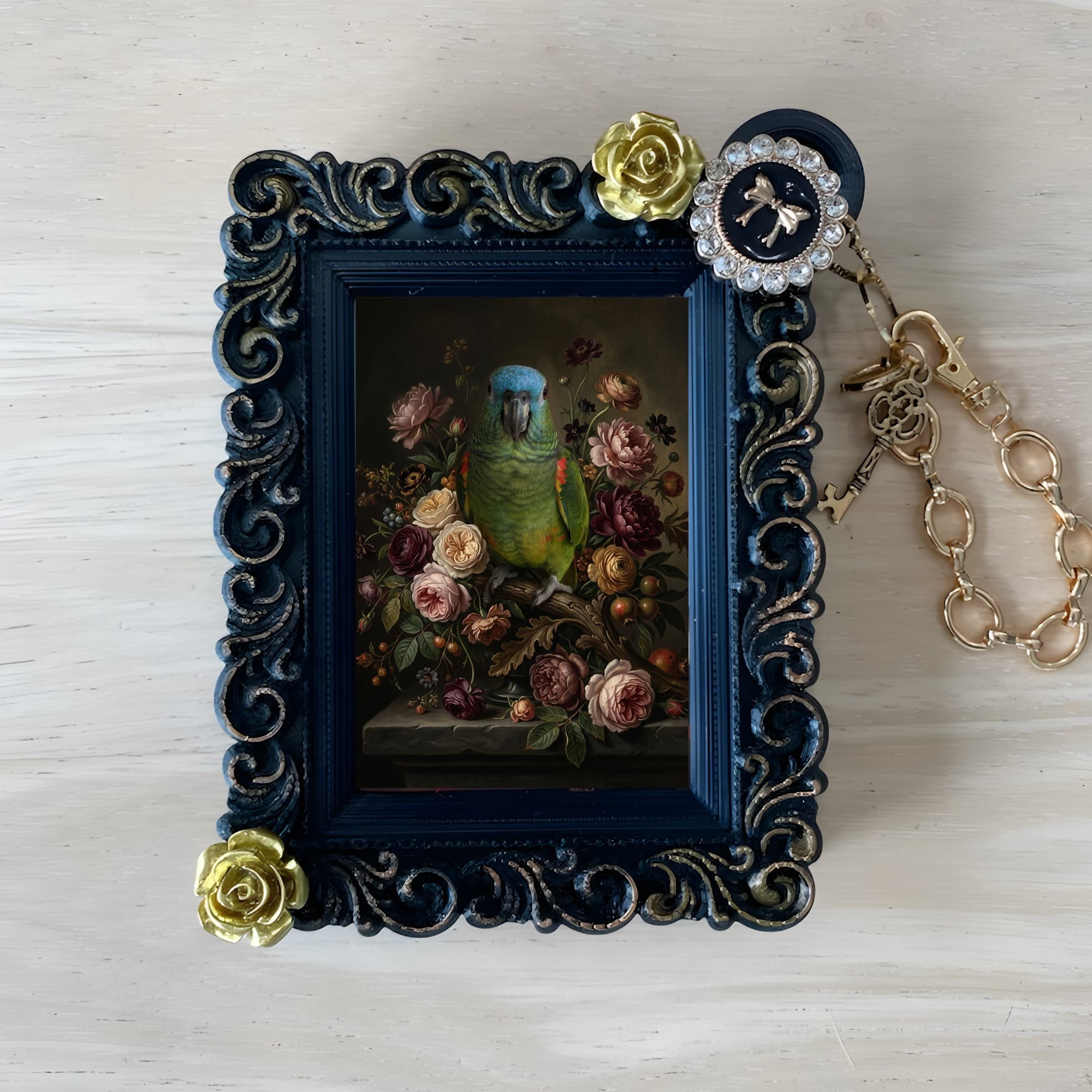 Blue-fronted Amazon Floral Oil-Painting Floral Bag Charm (Black)