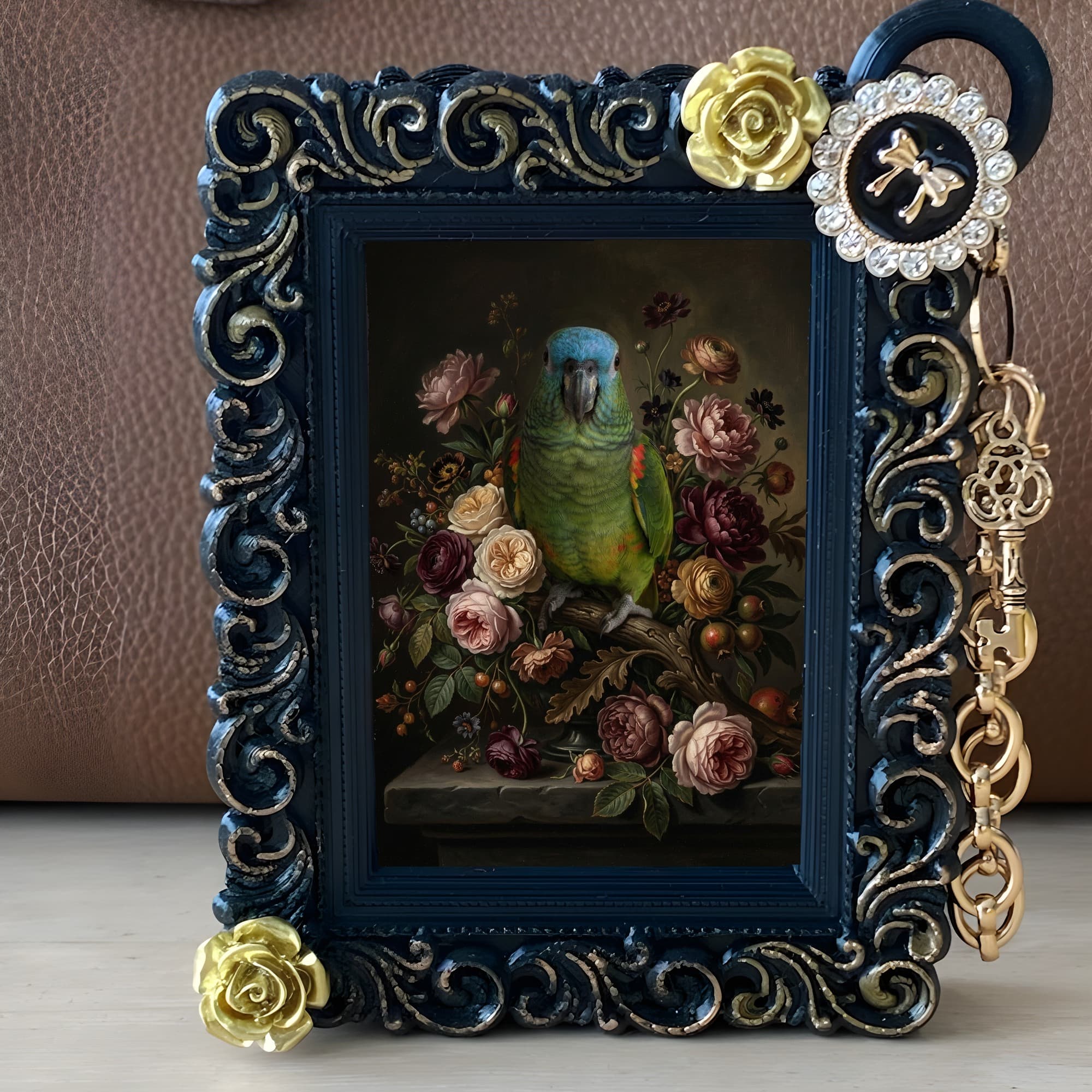 Blue-fronted Amazon Floral Oil-Painting Floral Bag Charm (Black) 2