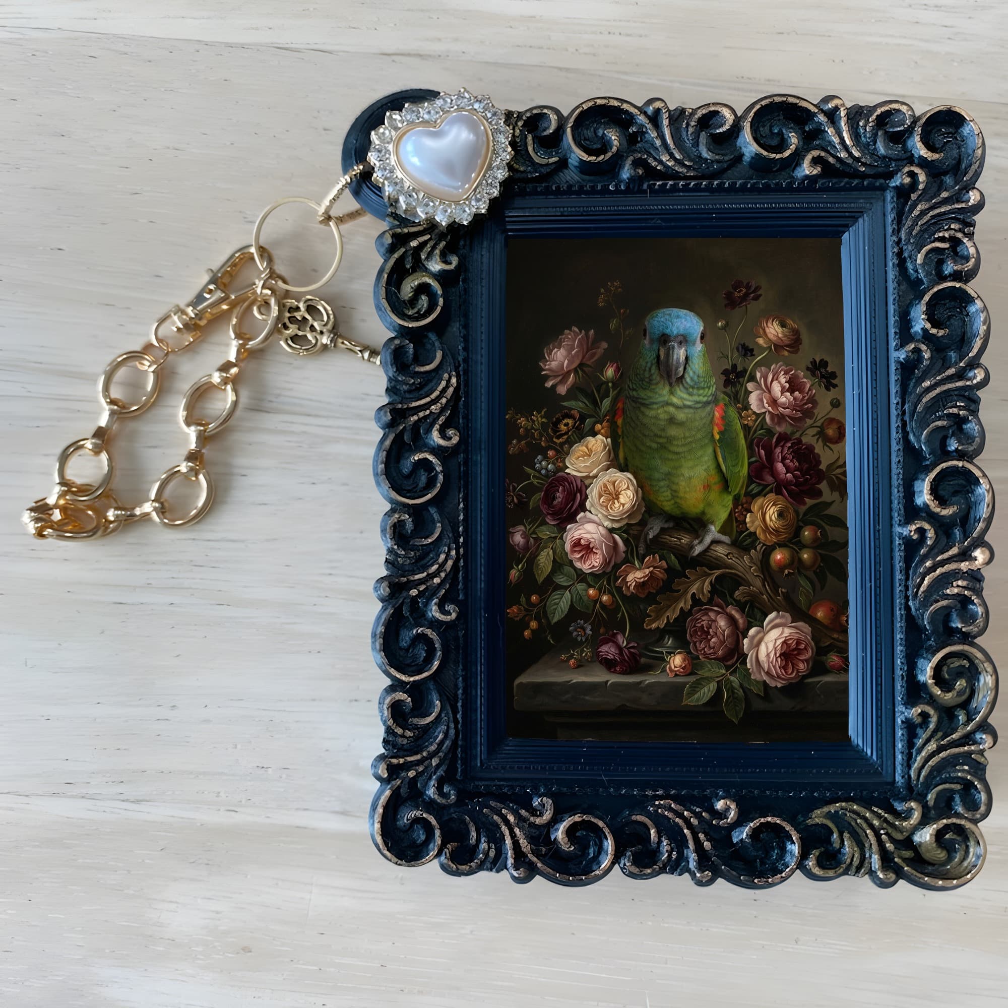 Blue-fronted Amazon Floral Oil-Painting Floral Bag Charm (Black) 4