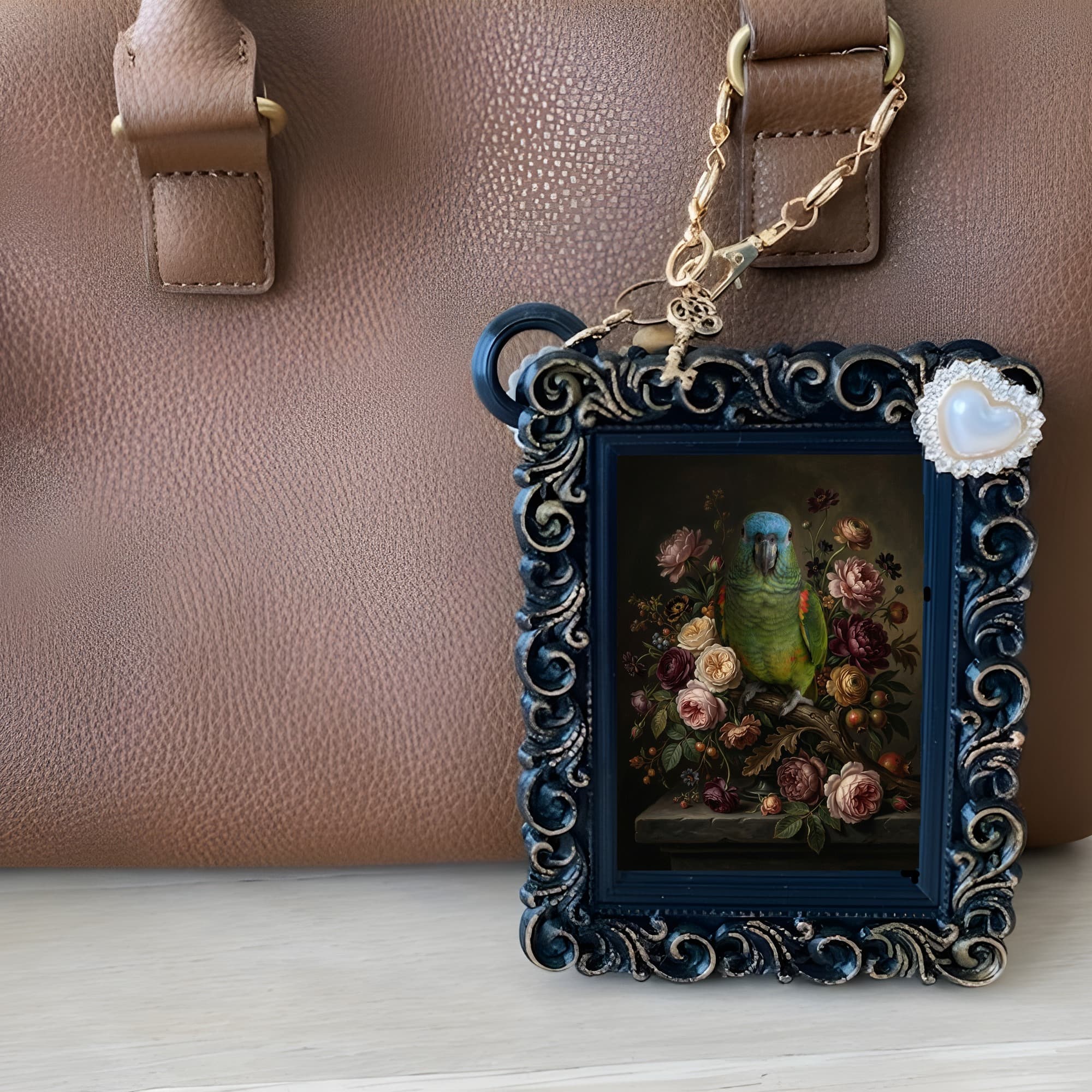 Blue-fronted Amazon Floral Oil-Painting Floral Bag Charm (Black) 6