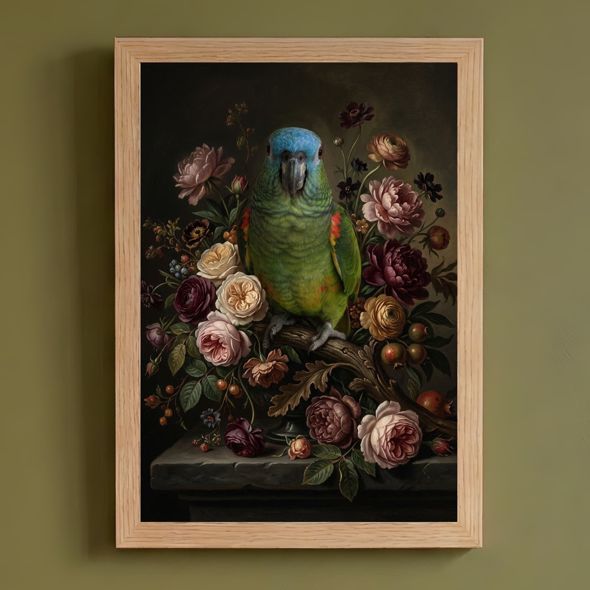 アオボウシインコの花の油絵風アート花柄額装プリント(A4サイズ)