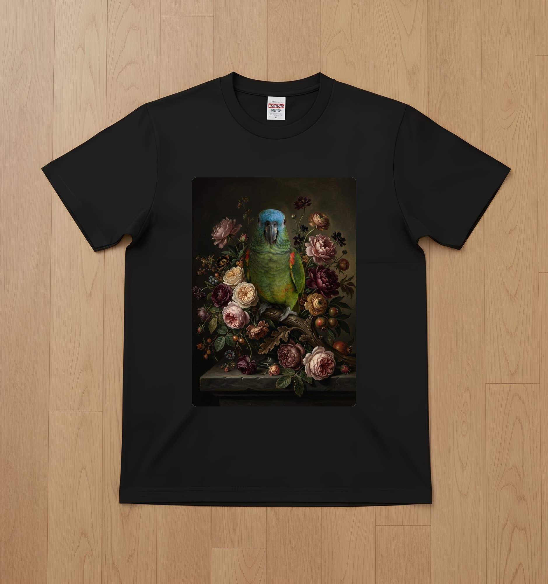 アオボウシインコの花の油絵風アート花柄Tシャツ(ブラック)