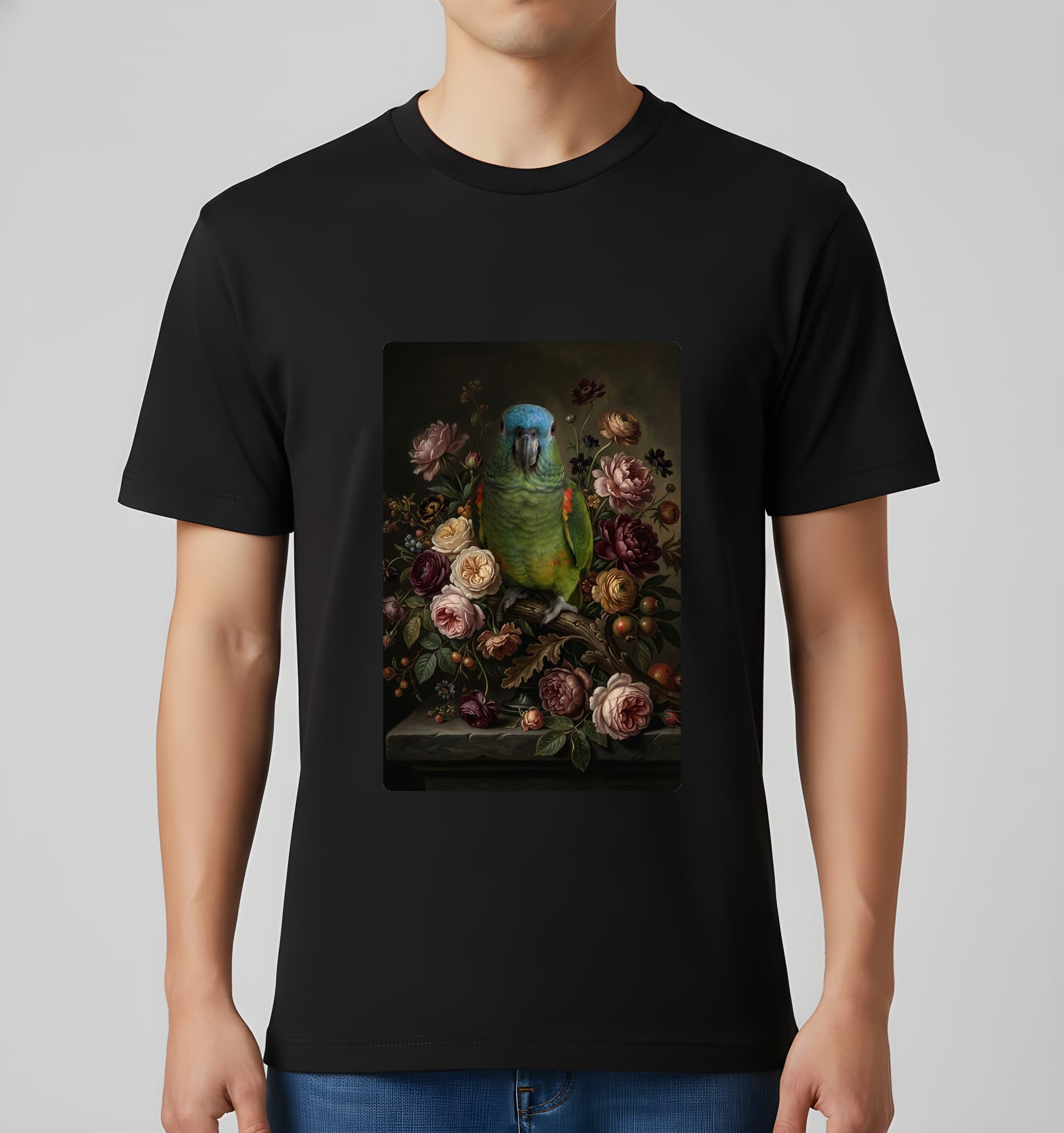 アオボウシインコの花の油絵風アート花柄Tシャツ(ブラック) 3