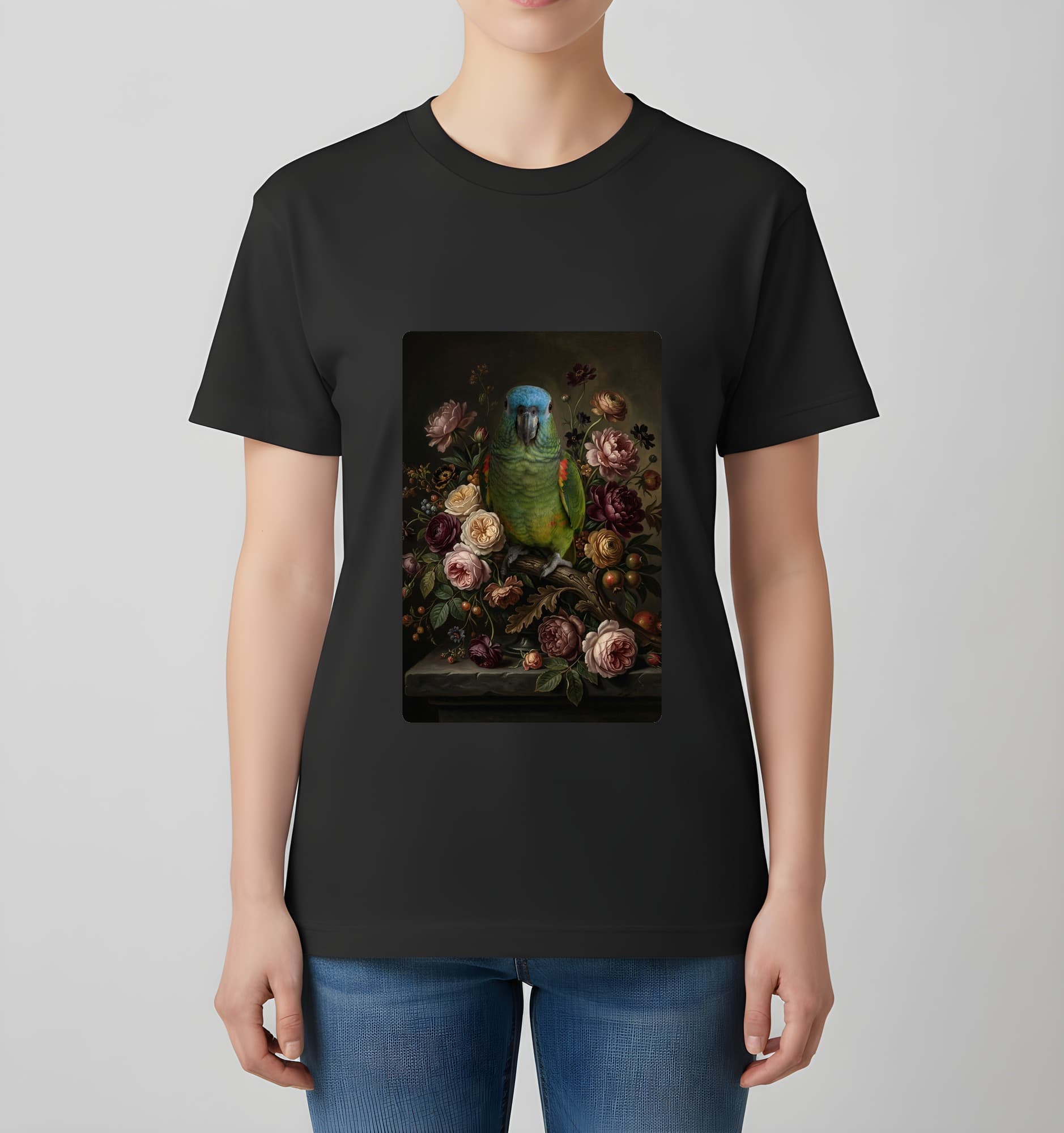 アオボウシインコの花の油絵風アート花柄Tシャツ(ブラック) 4