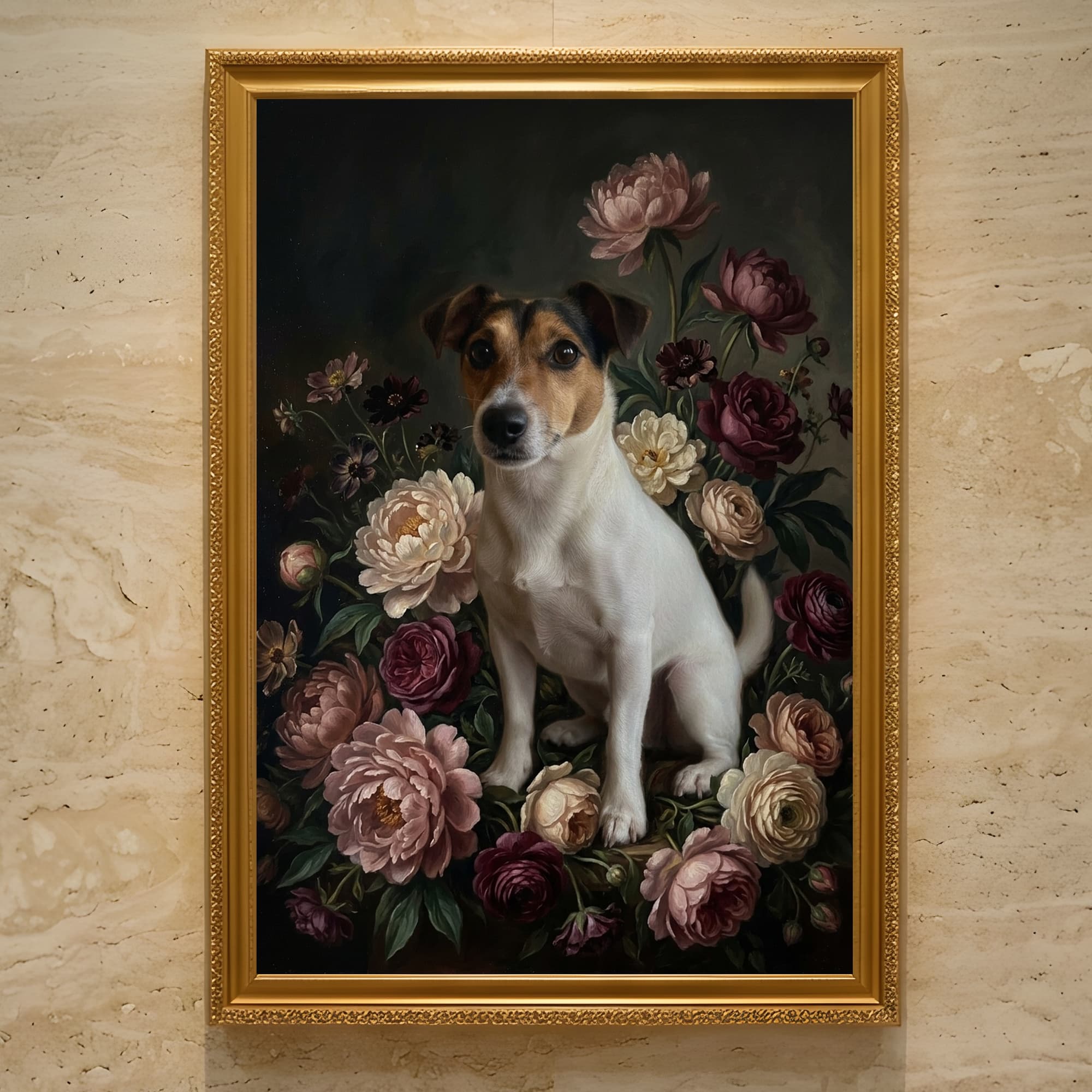 ジャックラッセルテリアの花の油絵風アート花柄額装プリント(A3サイズ)