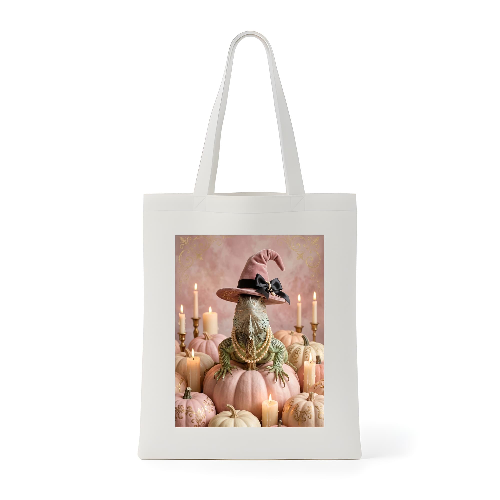グリーンイグアナのかぼちゃとキャンドルの油絵風アートハロウィントートバッグ