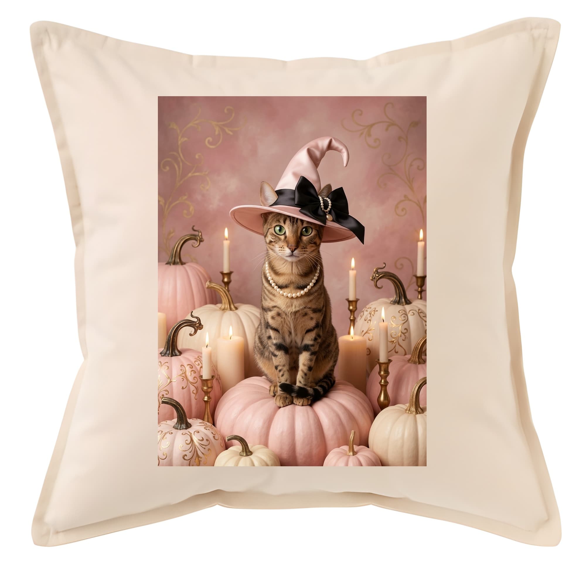 Egyptian Mau Pumpkin & Candlelight Oil-Painting Halloween Cushion