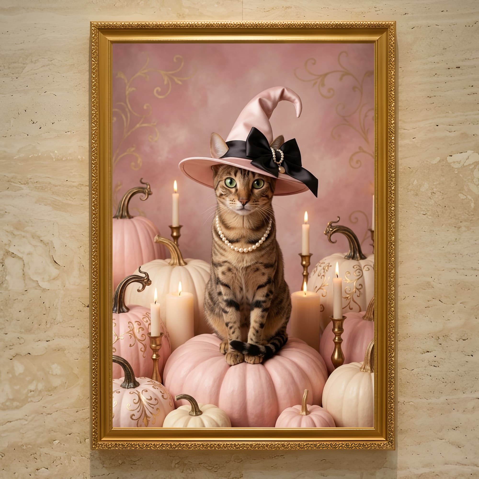 Egyptian Mau Pumpkin & Candlelight Oil-Painting Halloween Framed Art Print (A3)