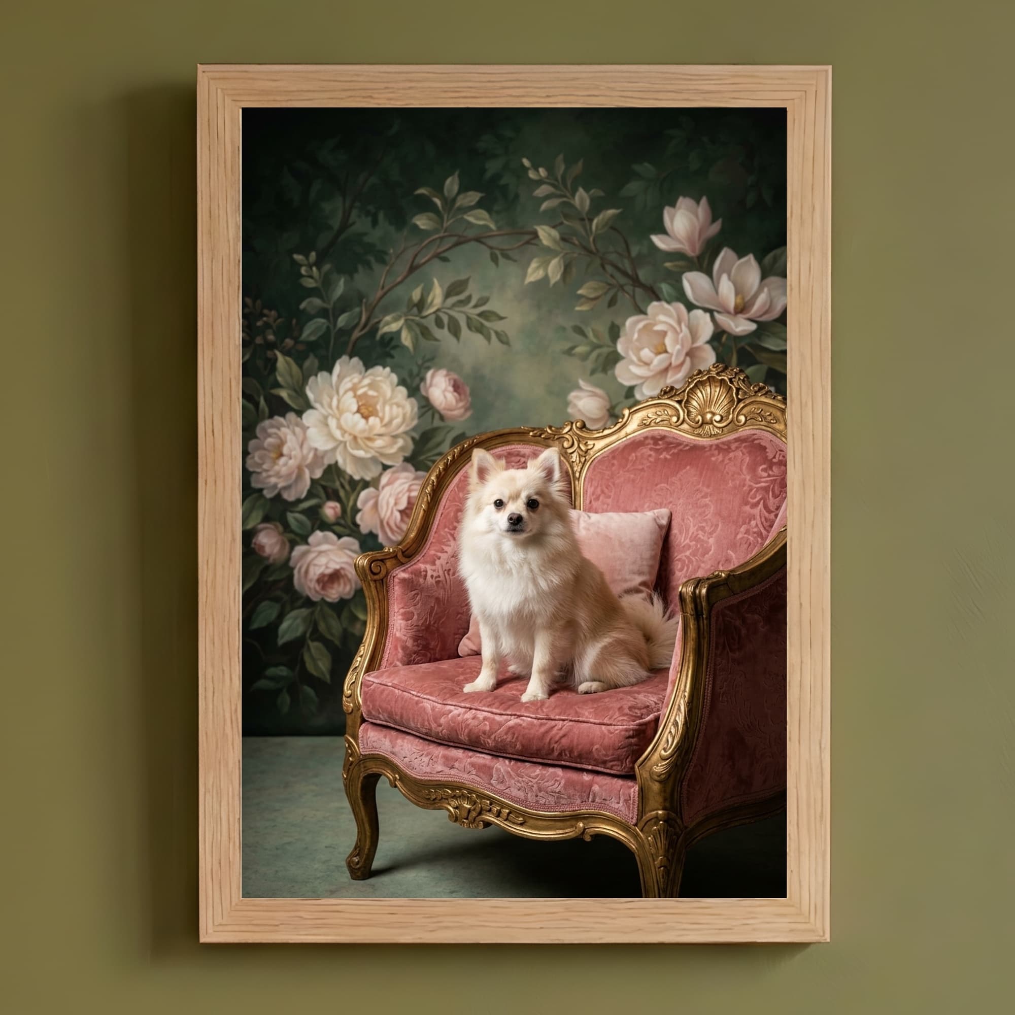 ポメラニアンのシャビーピンクの油絵風アートロココ調額装プリント(A4サイズ)