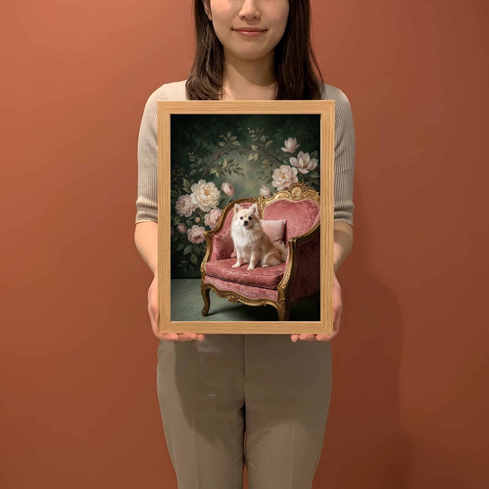 ポメラニアンのシャビーピンクの油絵風アートロココ調額装プリント(A4サイズ) 2