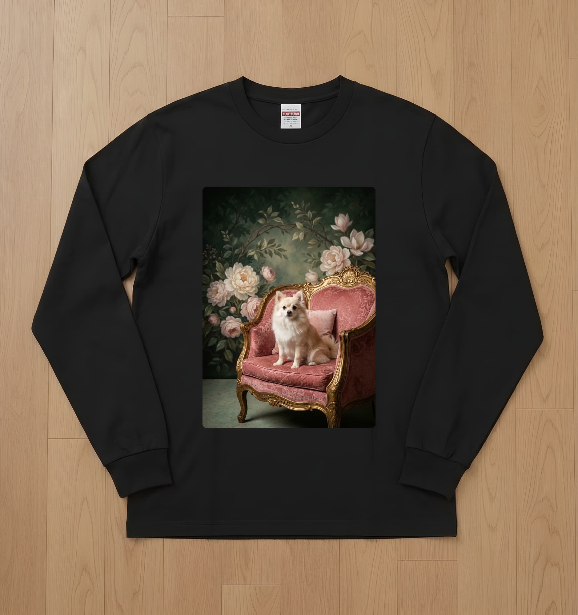 Pomeranian Shabby Pink Oil-Painting Rococo Long Sleeve T-Shirt (Black)
