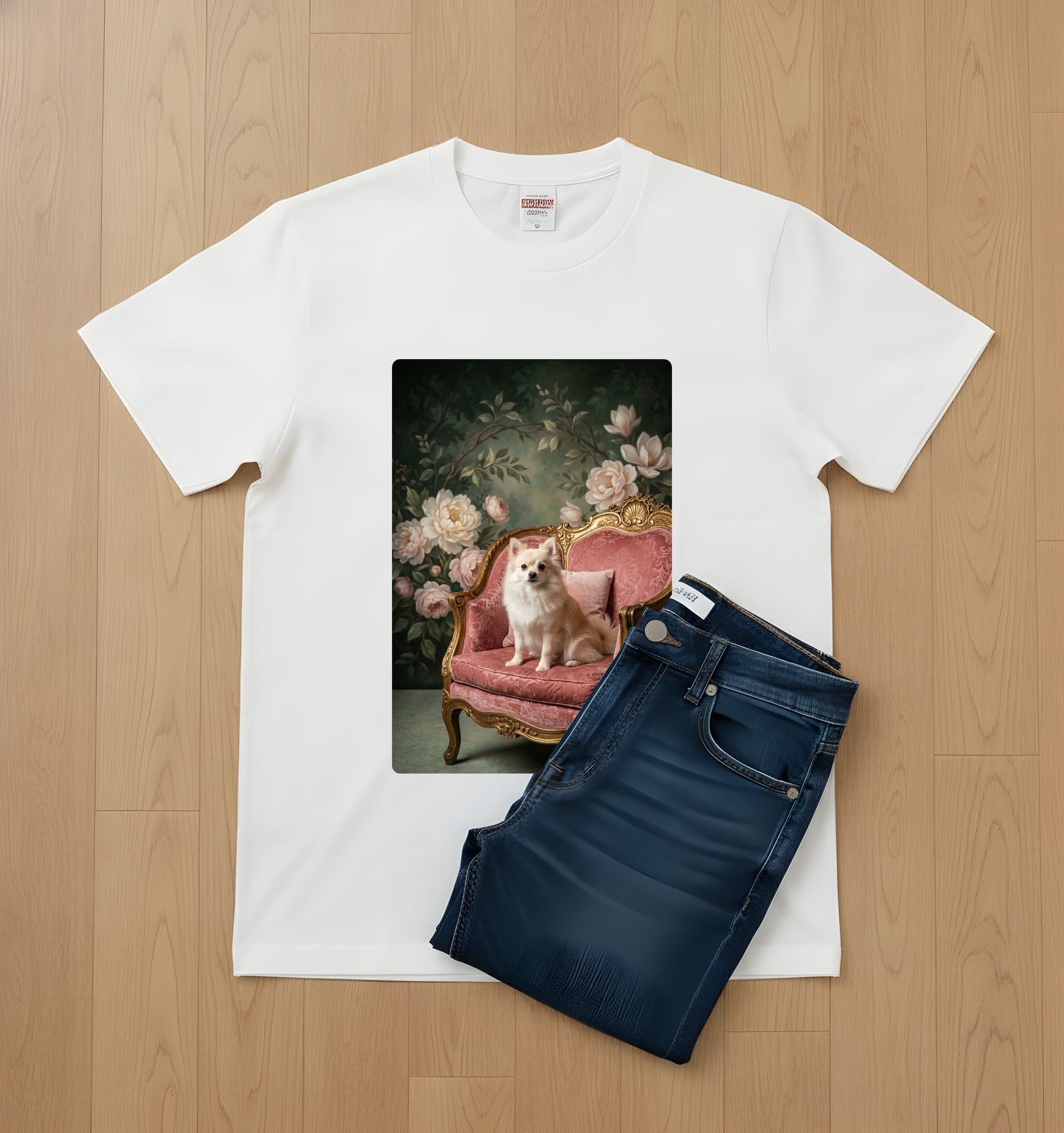 ポメラニアンのシャビーピンクの油絵風アートロココ調Tシャツ(ホワイト) 2