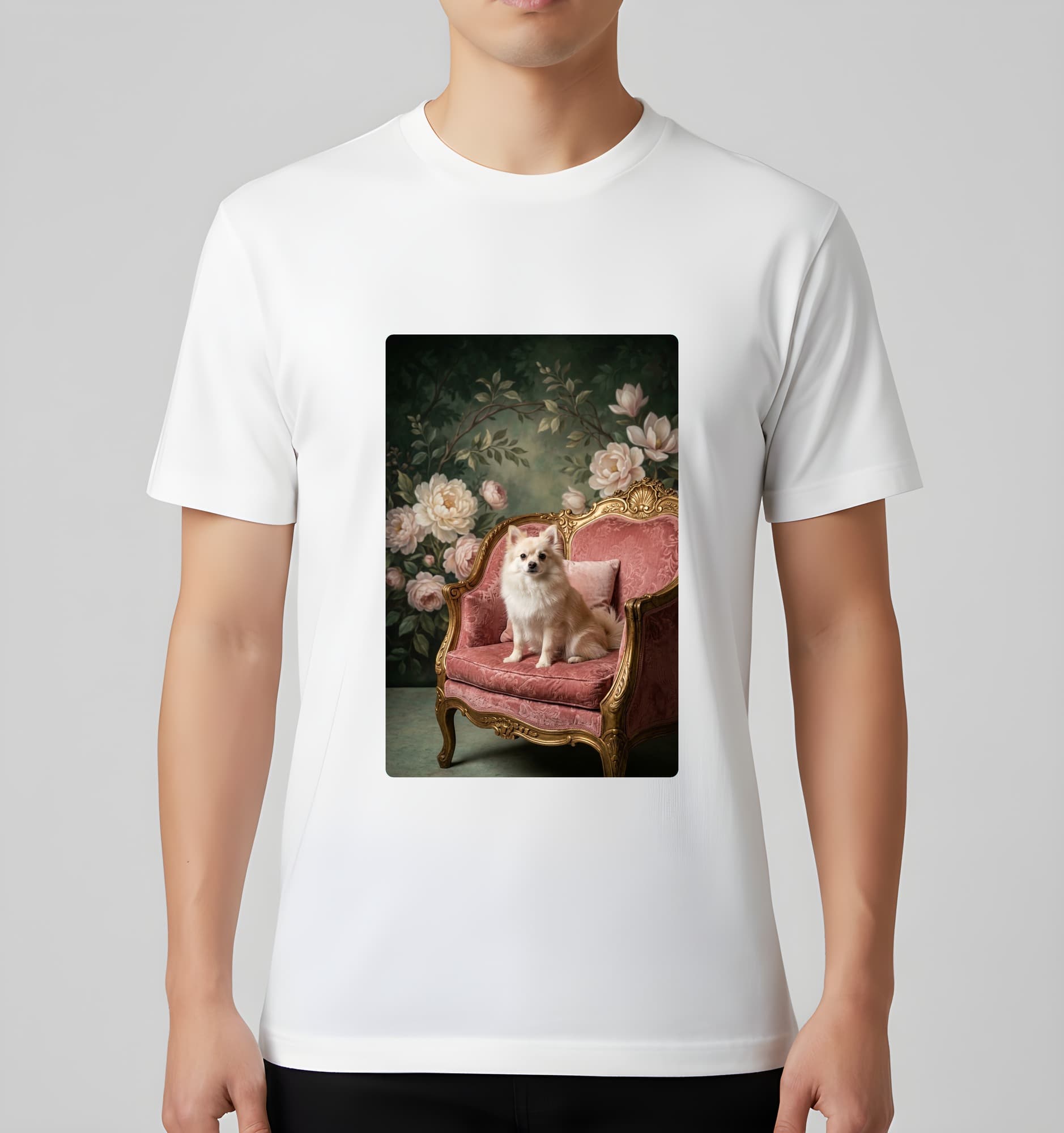 ポメラニアンのシャビーピンクの油絵風アートロココ調Tシャツ(ホワイト) 3