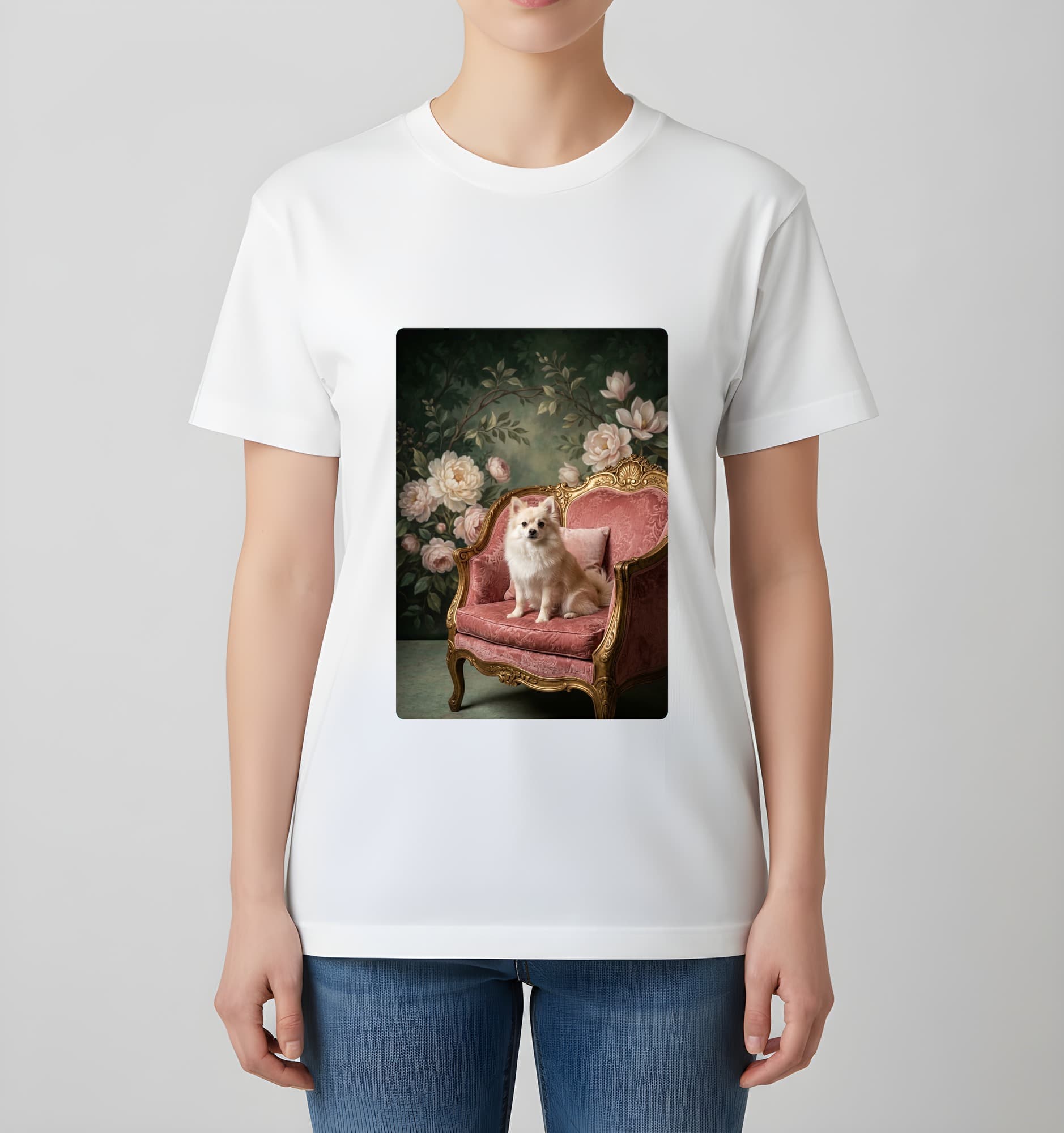 ポメラニアンのシャビーピンクの油絵風アートロココ調Tシャツ(ホワイト) 4