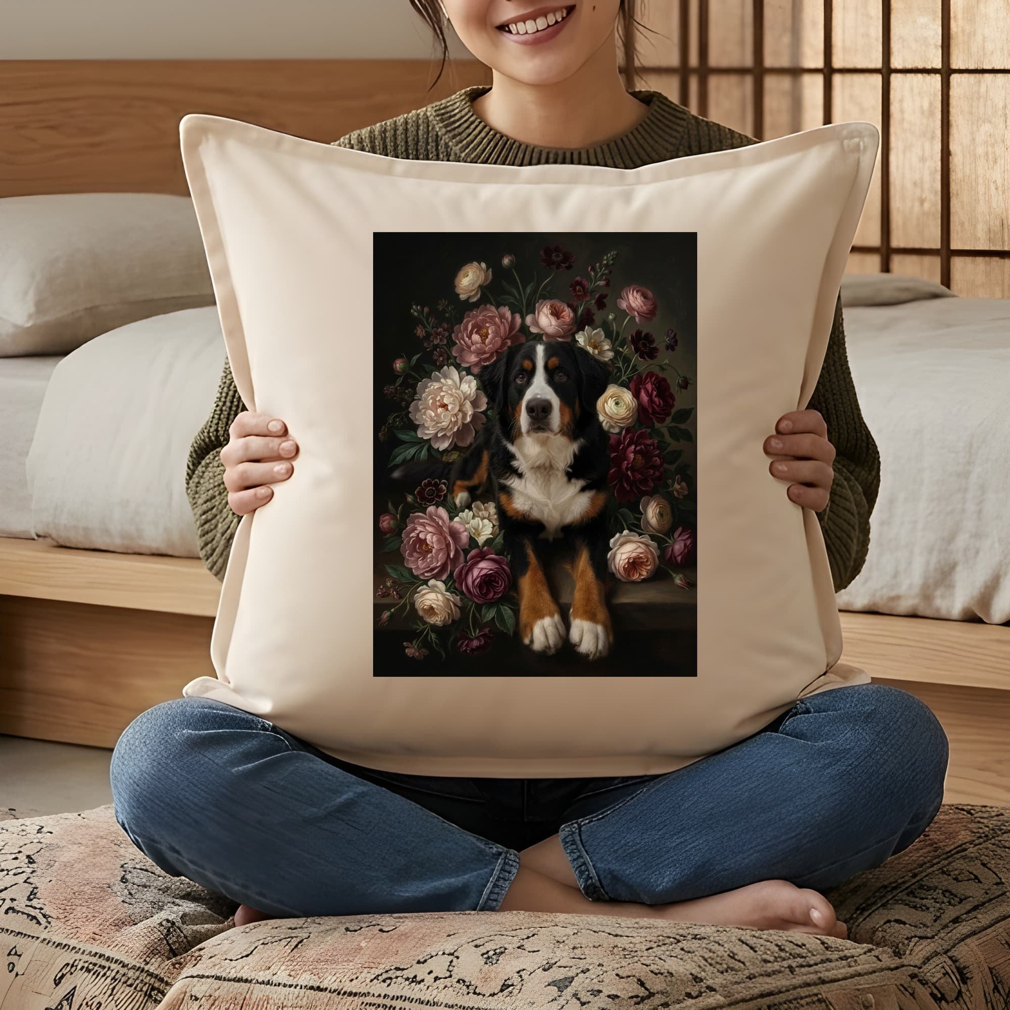 Bernese mountain dog Floral Oil-Painting Floral Cushion 3