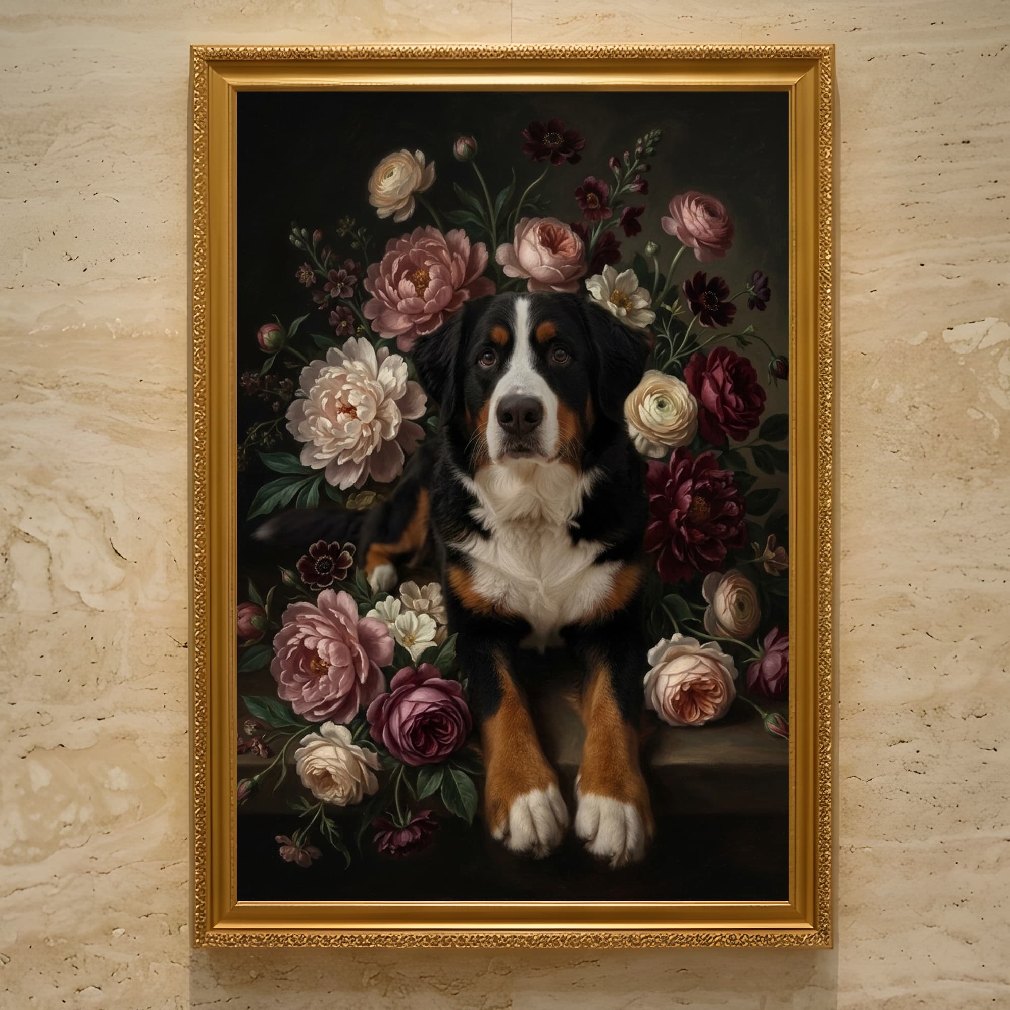バーニーズマウンテンドッグの花の油絵風アート花柄額装プリント(A3サイズ)