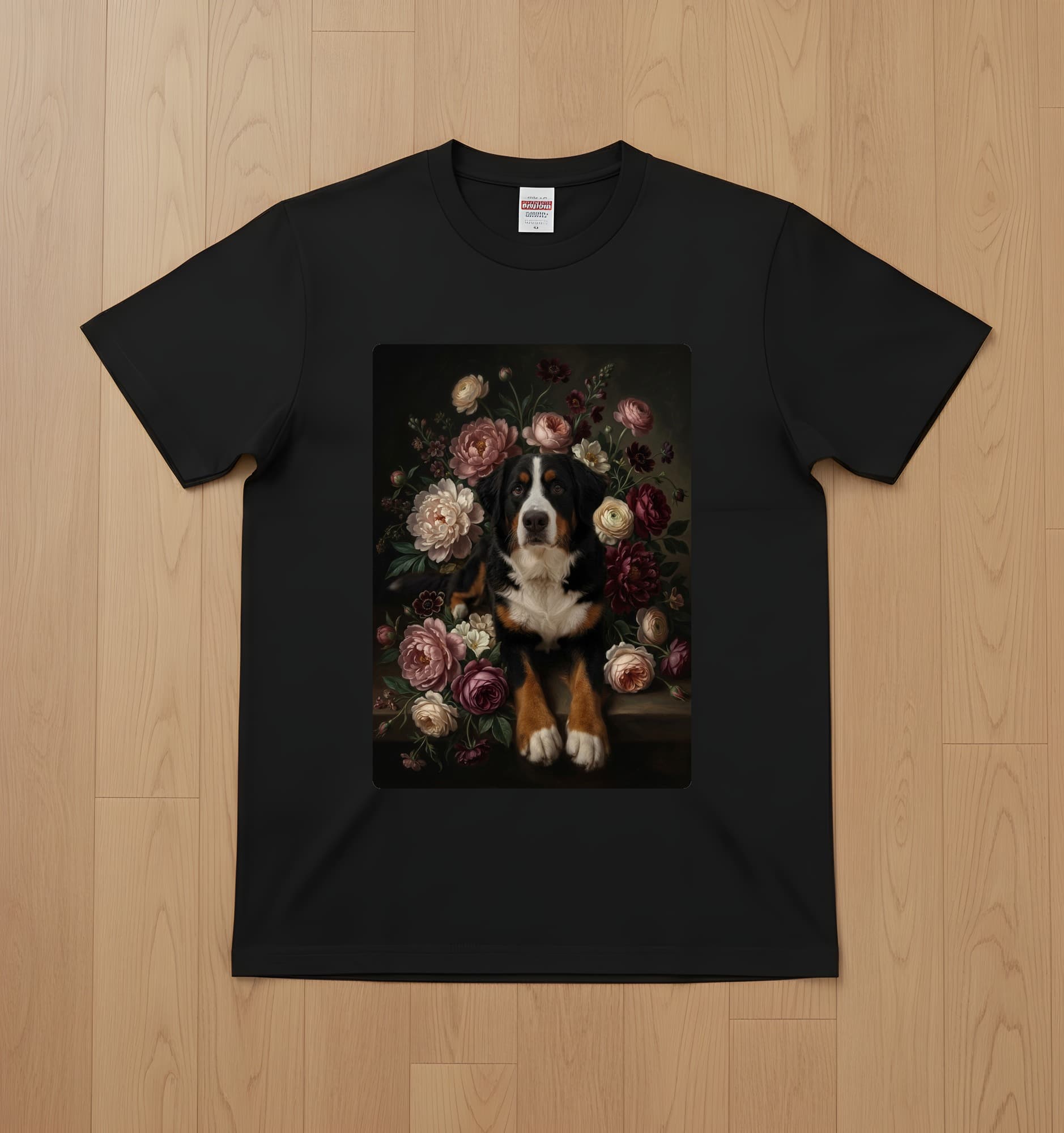 バーニーズマウンテンドッグの花の油絵風アート花柄Tシャツ(ブラック)
