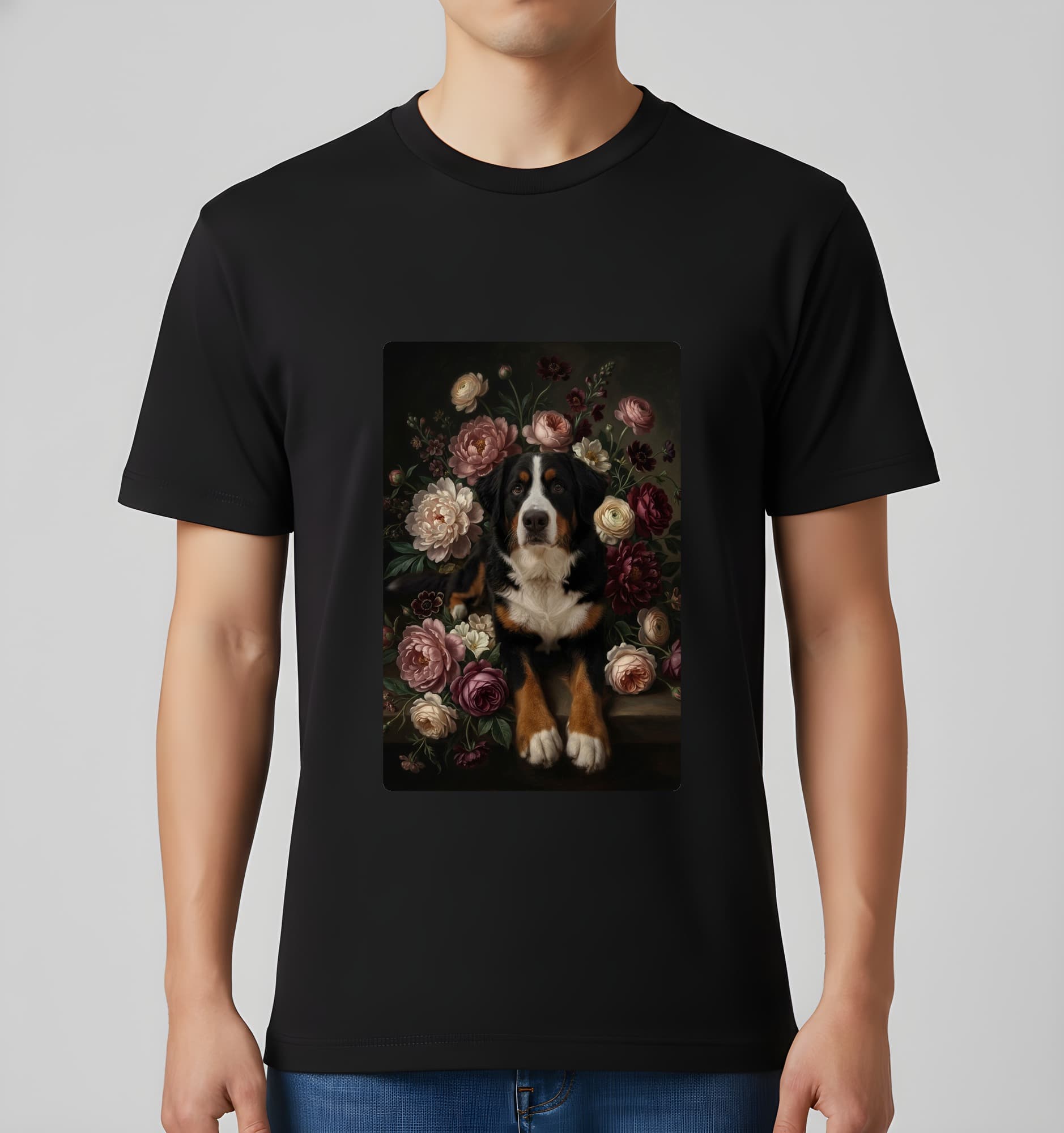 バーニーズマウンテンドッグの花の油絵風アート花柄Tシャツ(ブラック) 3