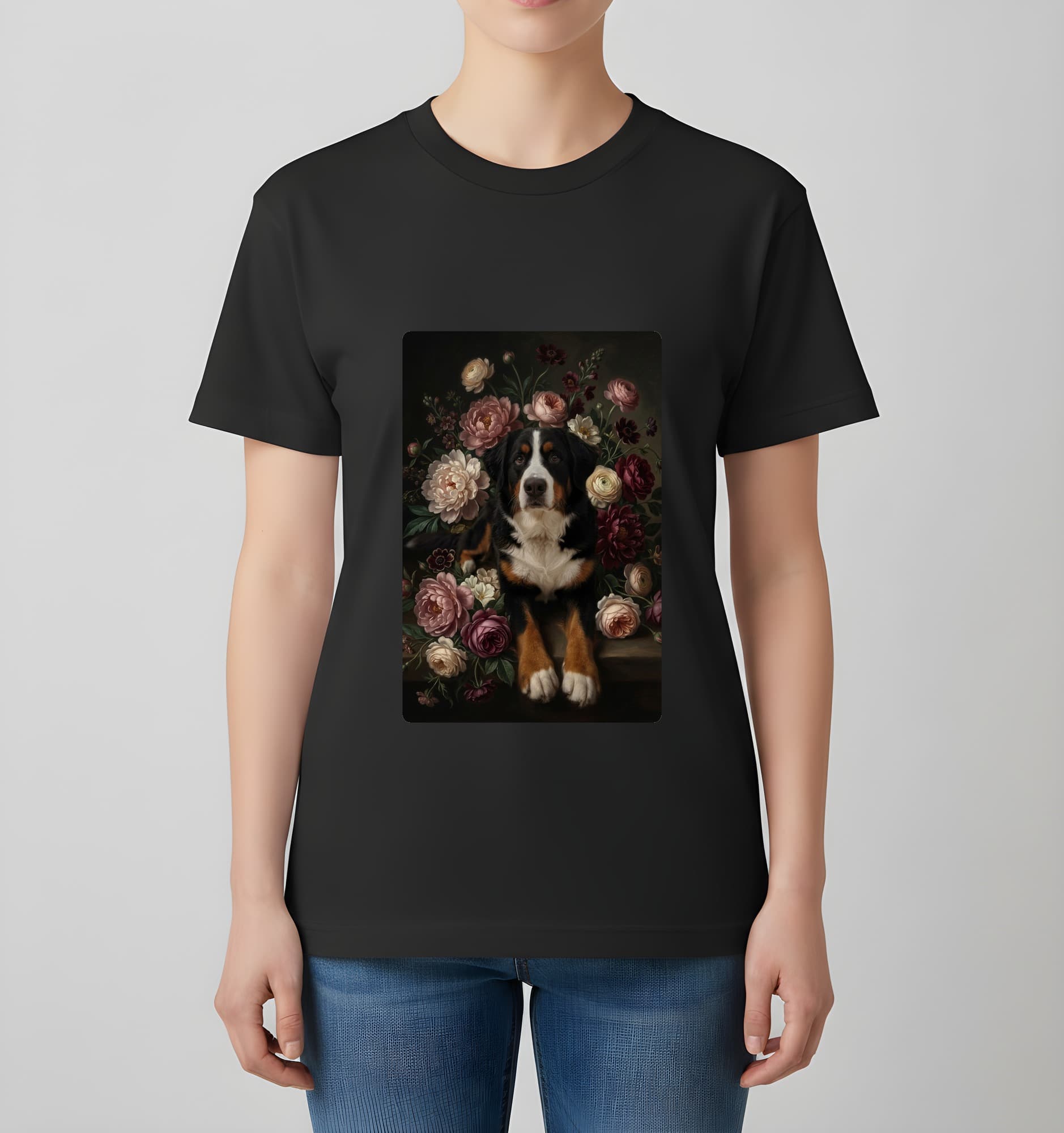 バーニーズマウンテンドッグの花の油絵風アート花柄Tシャツ(ブラック) 4