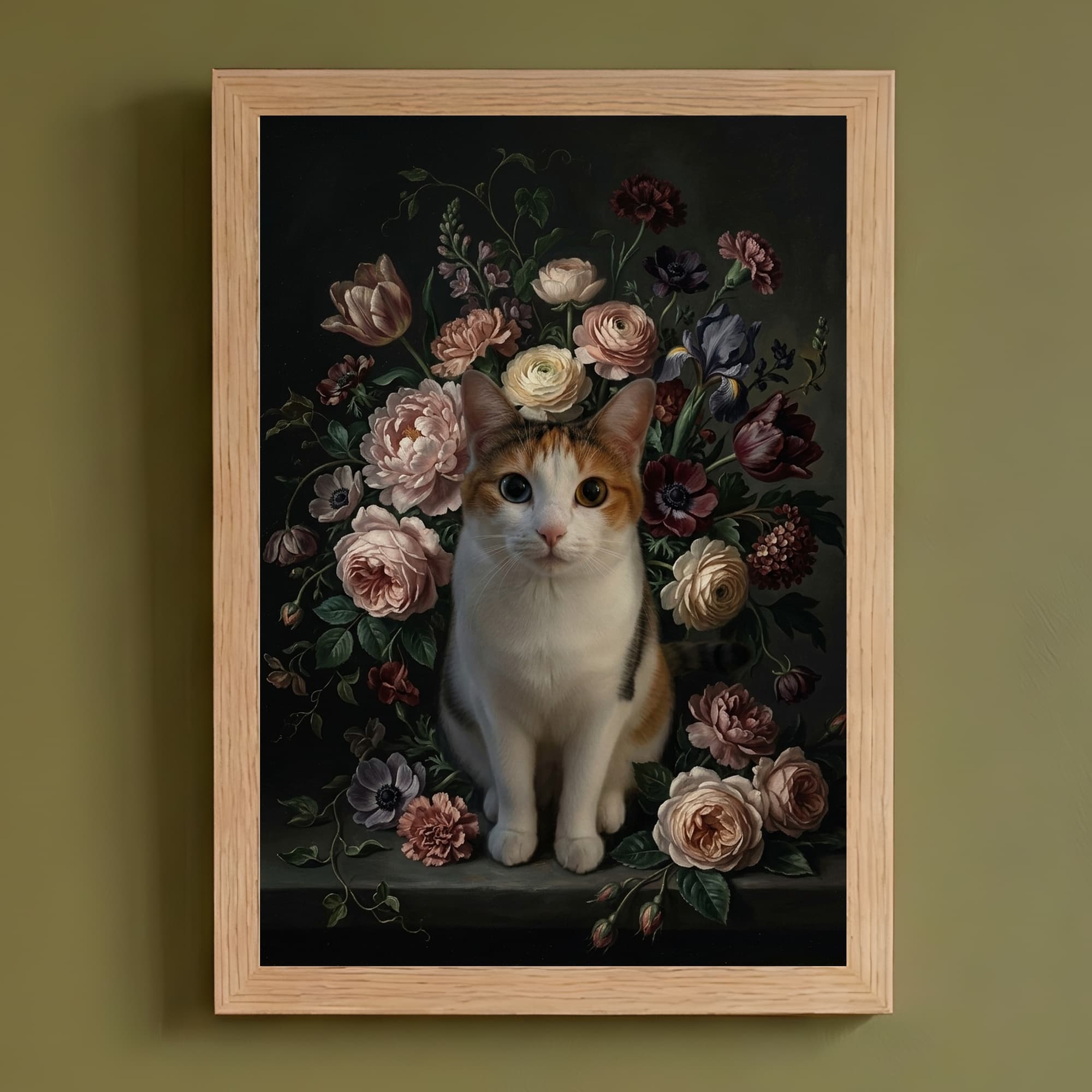 Japanese Bobtail Floral Oil-Painting Floral Framed Art Print (A4)
