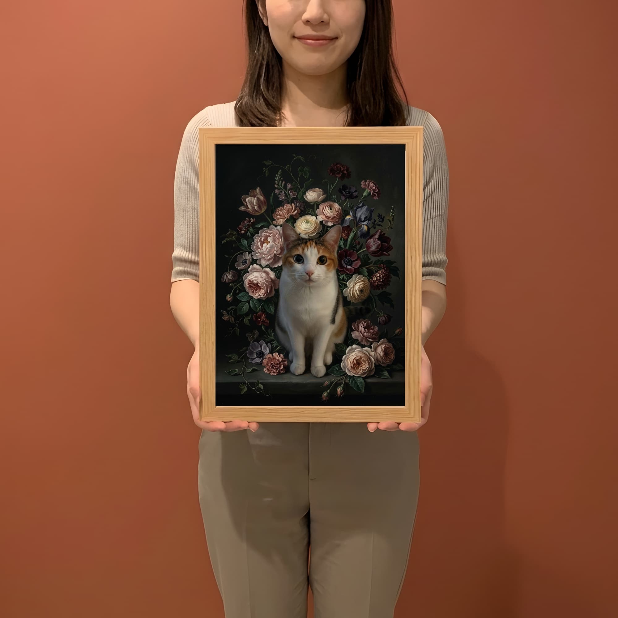 Japanese Bobtail Floral Oil-Painting Floral Framed Art Print (A4) 2