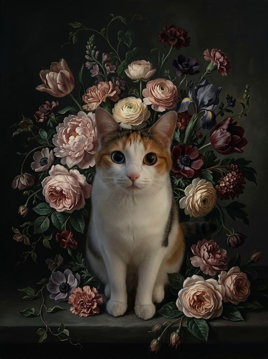 Japanese Bobtail Floral Oil-Painting Floral Framed Art Print (A4) 4