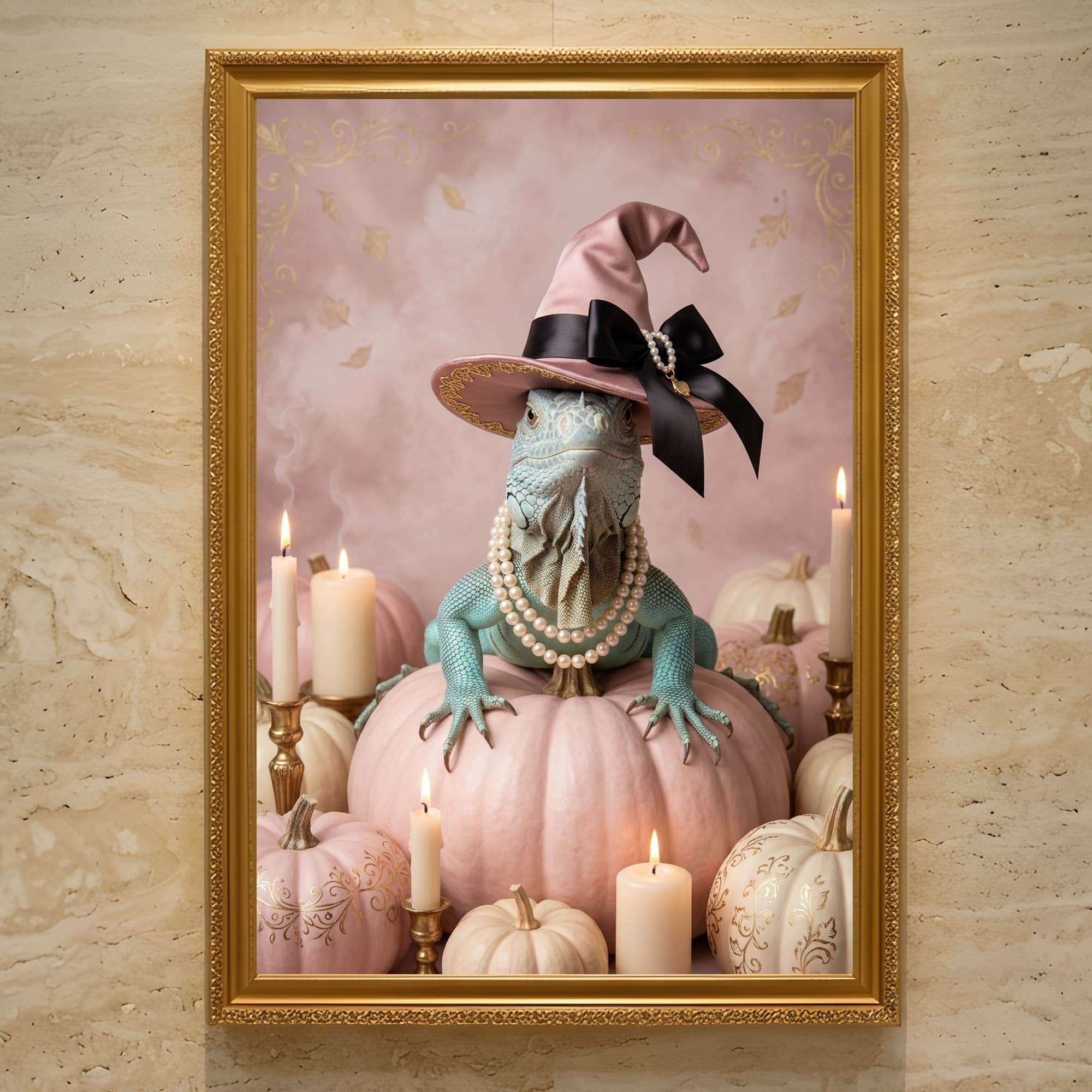 ブルーイグアナのかぼちゃとキャンドルの油絵風アートハロウィン額装プリント(A3サイズ)
