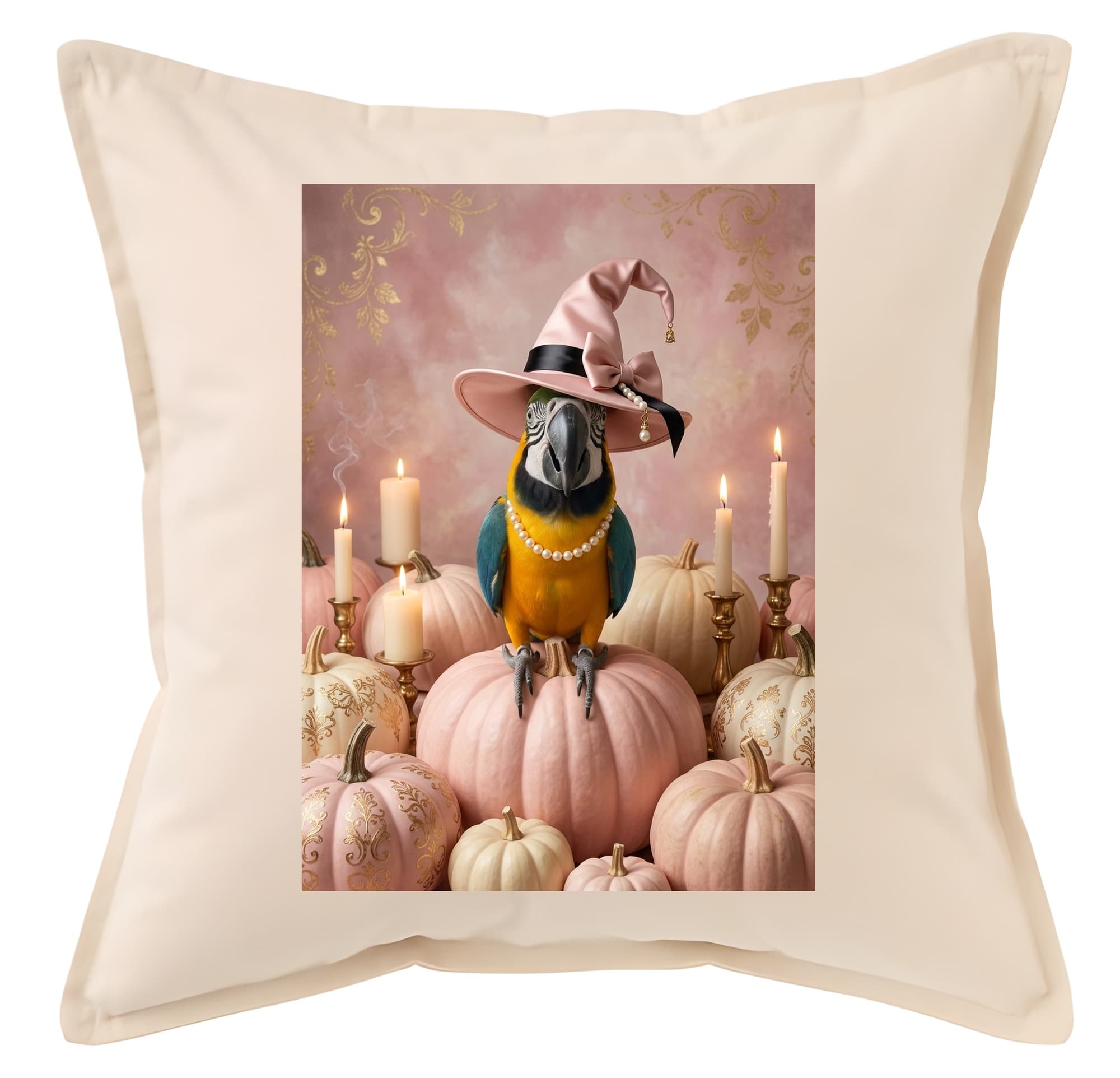 Blue-and-yellow Macaw Pumpkin & Candlelight Oil-Painting Halloween Cushion