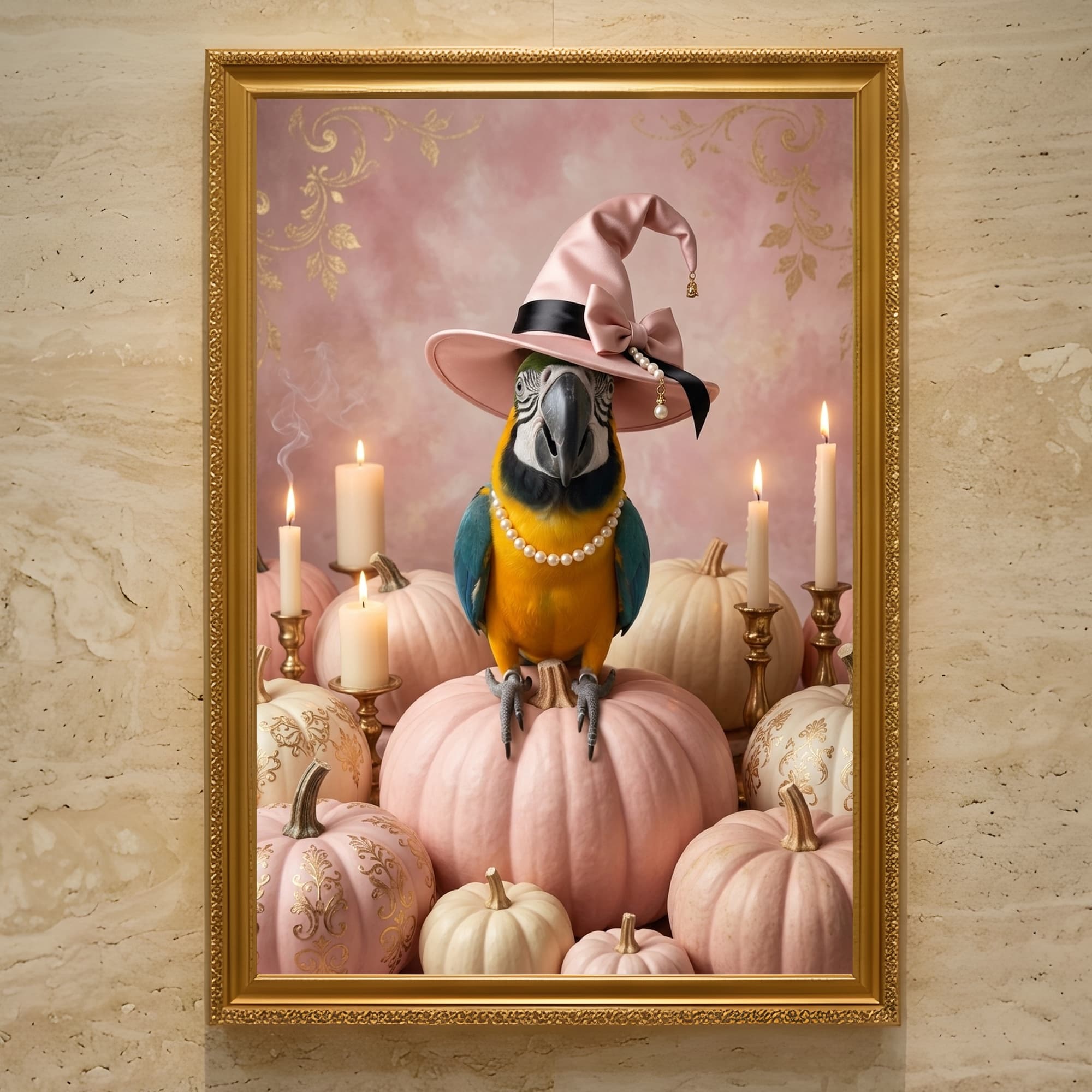 ルリコンゴウインコのかぼちゃとキャンドルの油絵風アートハロウィン額装プリント(A3サイズ)