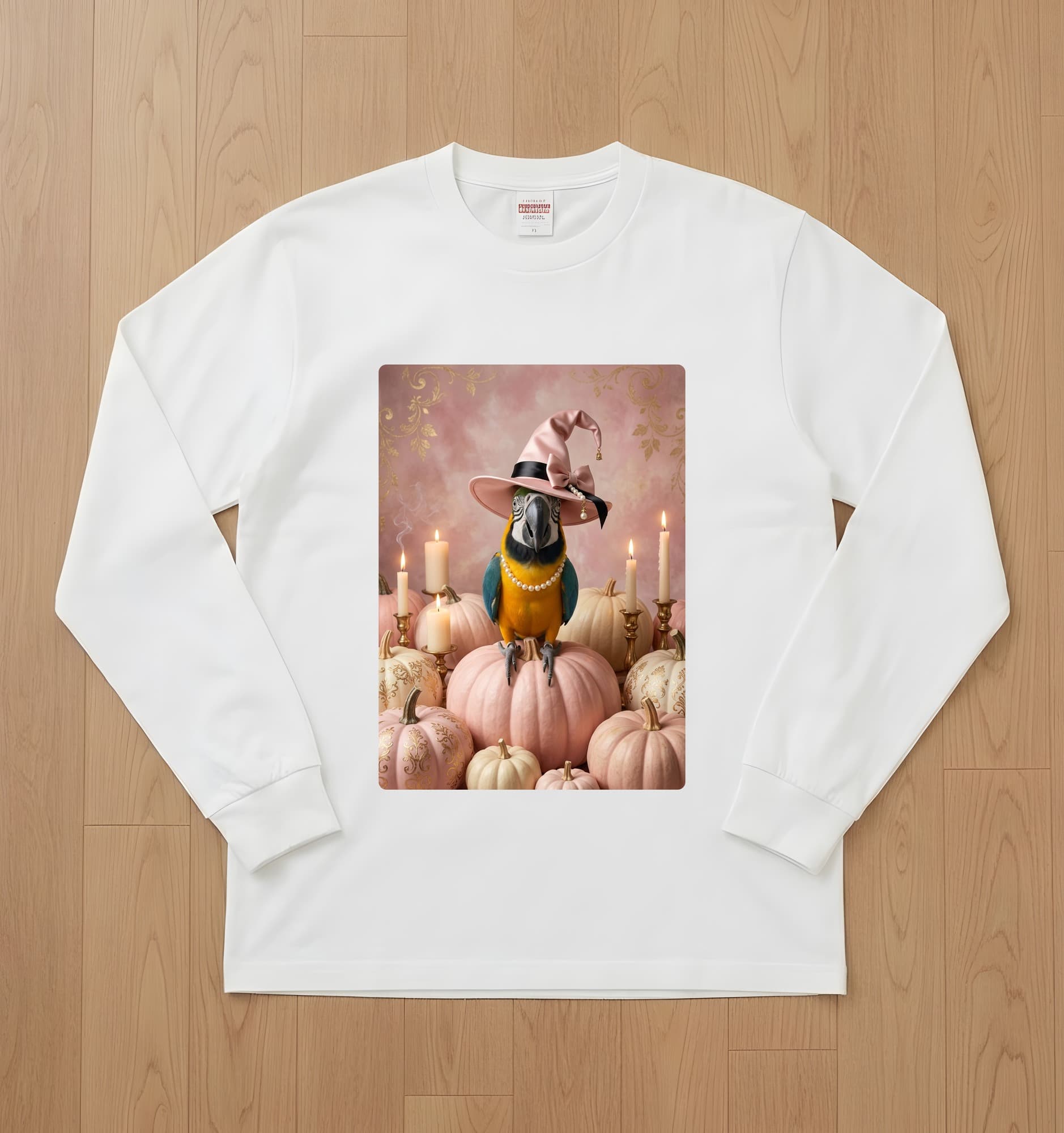 Blue-and-yellow Macaw Pumpkin & Candlelight Oil-Painting Halloween Long Sleeve T-Shirt (White)