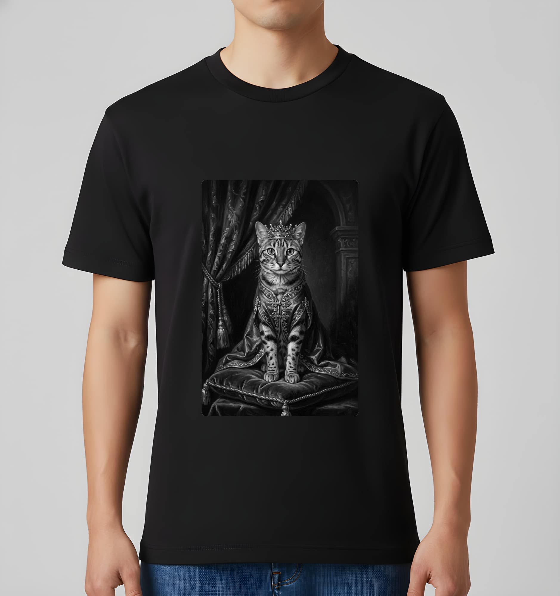 オシキャットのルネサンス肖像画Tシャツ(ブラック・モノクロプリント・額縁なし) 3