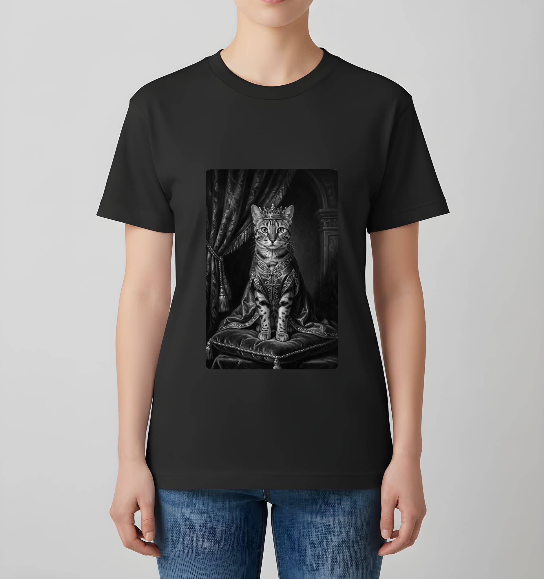 オシキャットのルネサンス肖像画Tシャツ(ブラック・モノクロプリント・額縁なし) 4