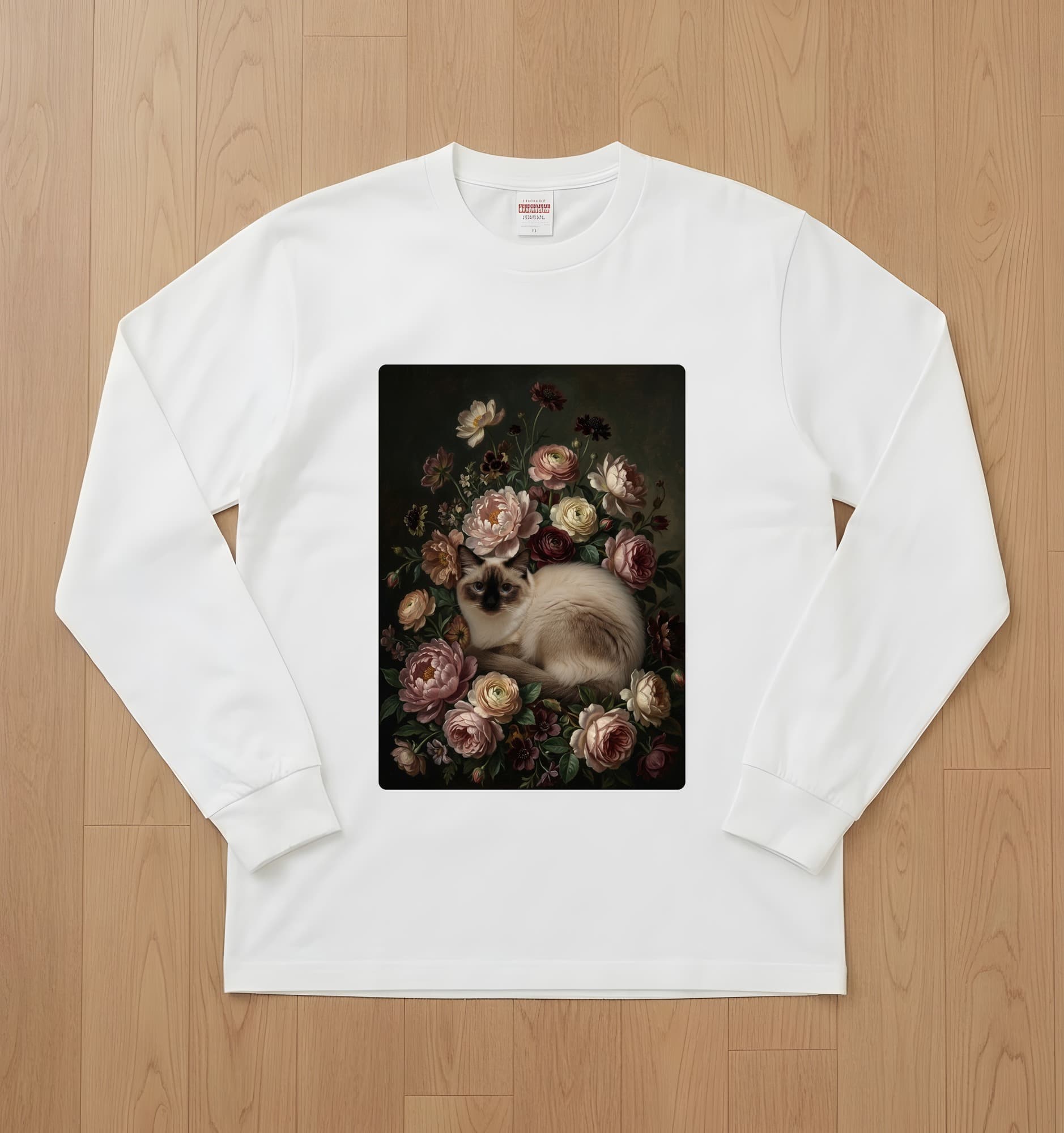 バリニーズの花の油絵風アート花柄長袖Tシャツ(ホワイト)