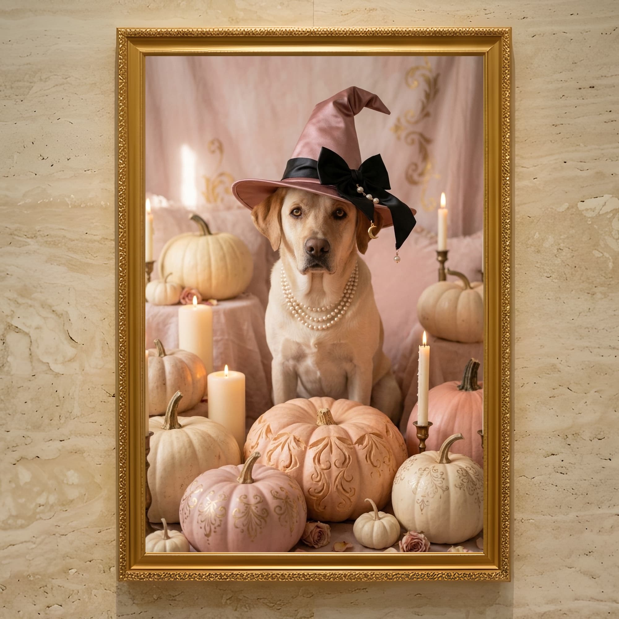 ラブラドールレトリバーのかぼちゃとキャンドルの油絵風アートハロウィン額装プリント(A3サイズ)