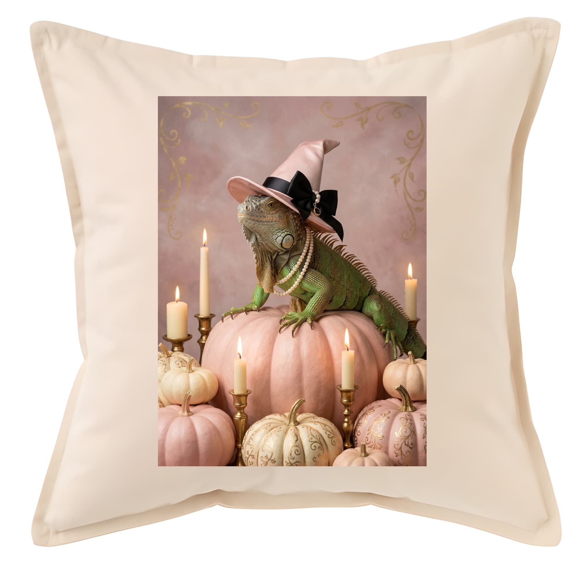 Green Iguana Pumpkin & Candlelight Oil-Painting Halloween Cushion