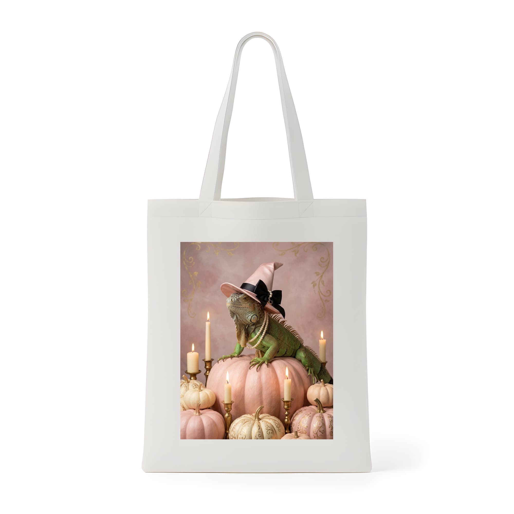 Green Iguana Pumpkin & Candlelight Oil-Painting Halloween Tote Bag