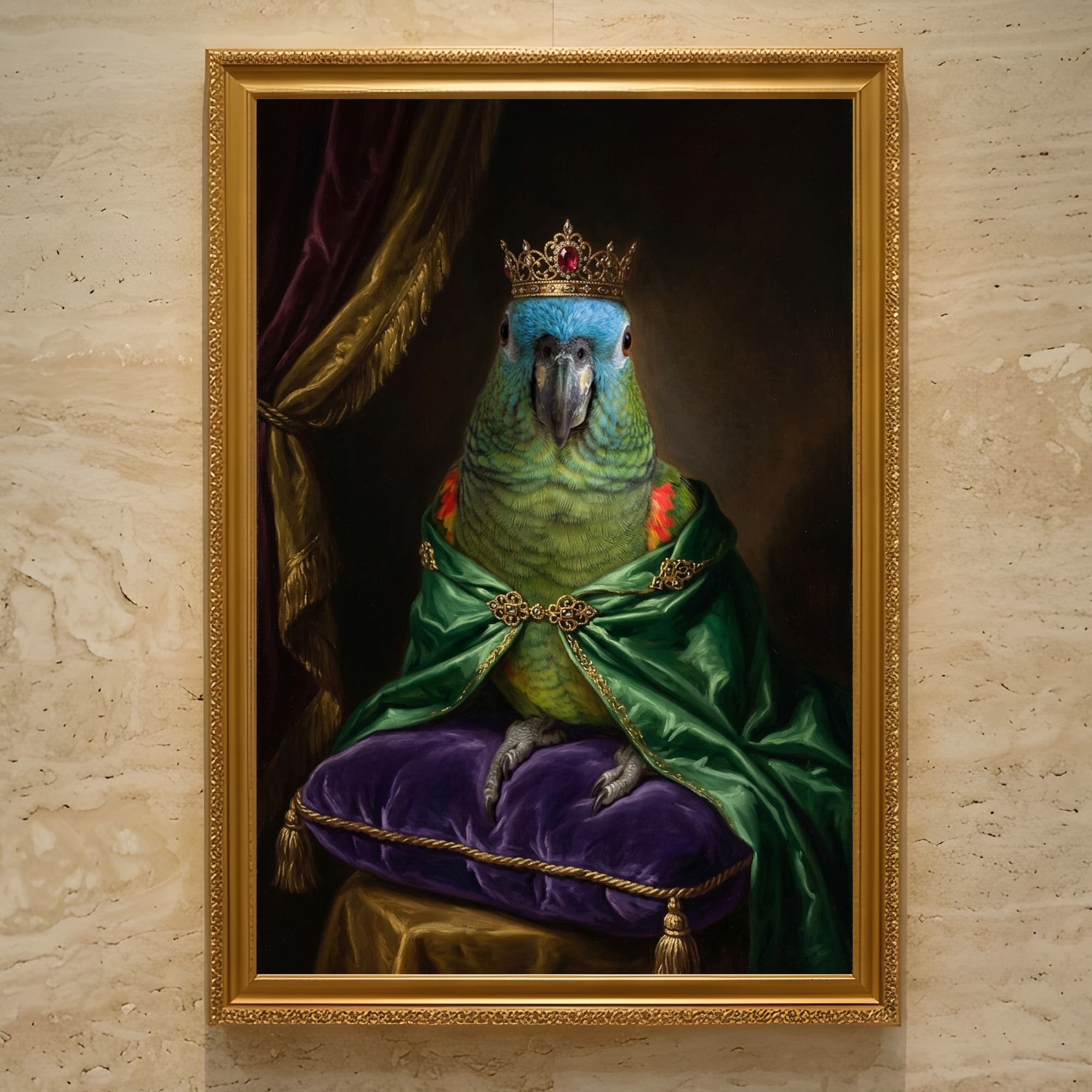 アオボウシインコのルネサンス肖像画額装プリント(A3サイズ)