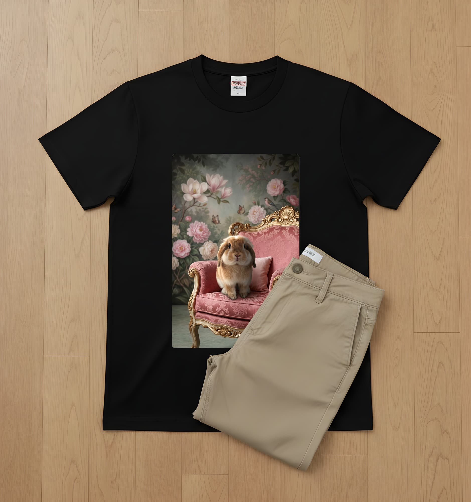 アメリカンファジーロップのシャビーピンクの油絵風アートロココ調Tシャツ(ブラック) 2