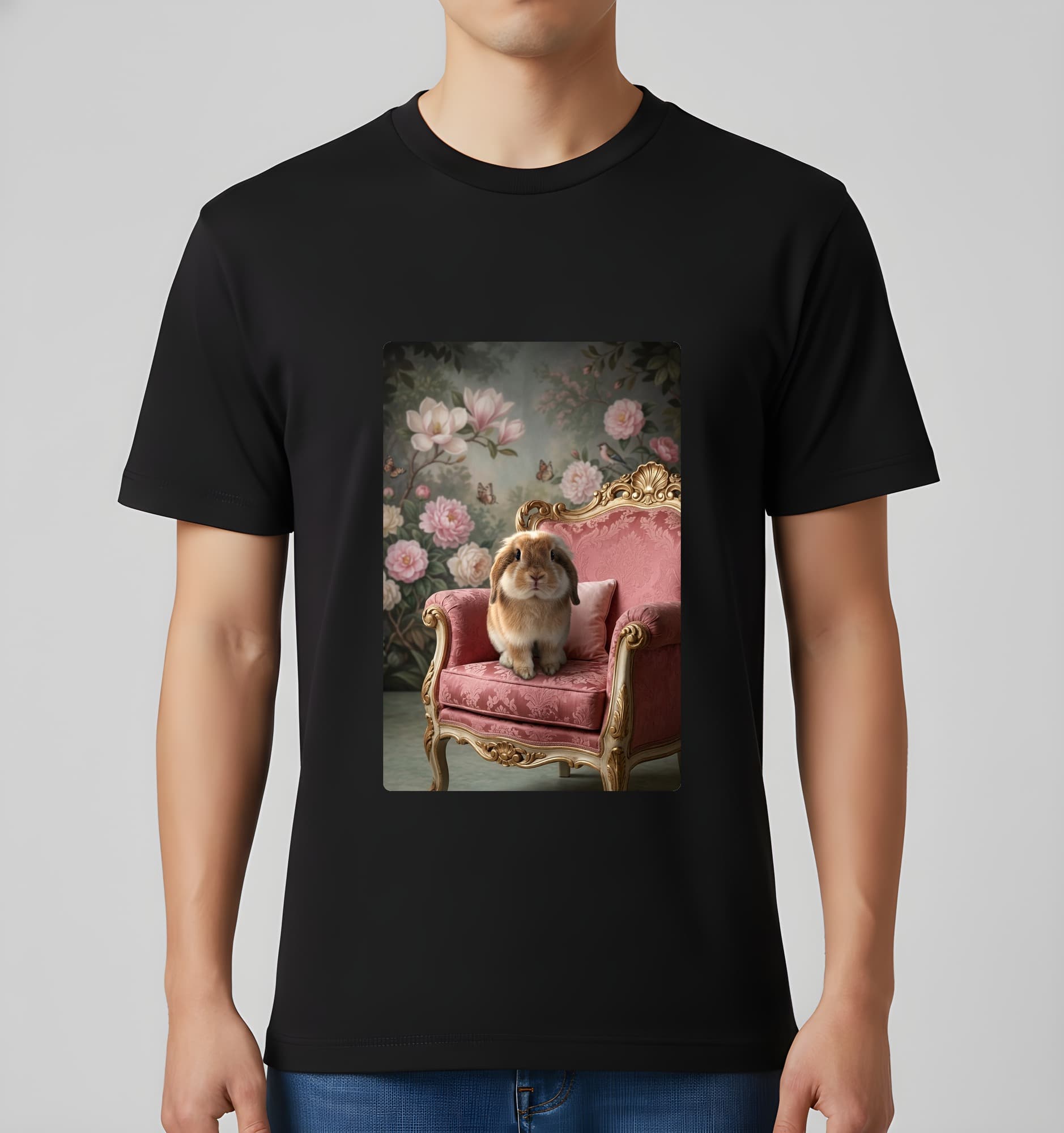 アメリカンファジーロップのシャビーピンクの油絵風アートロココ調Tシャツ(ブラック) 3