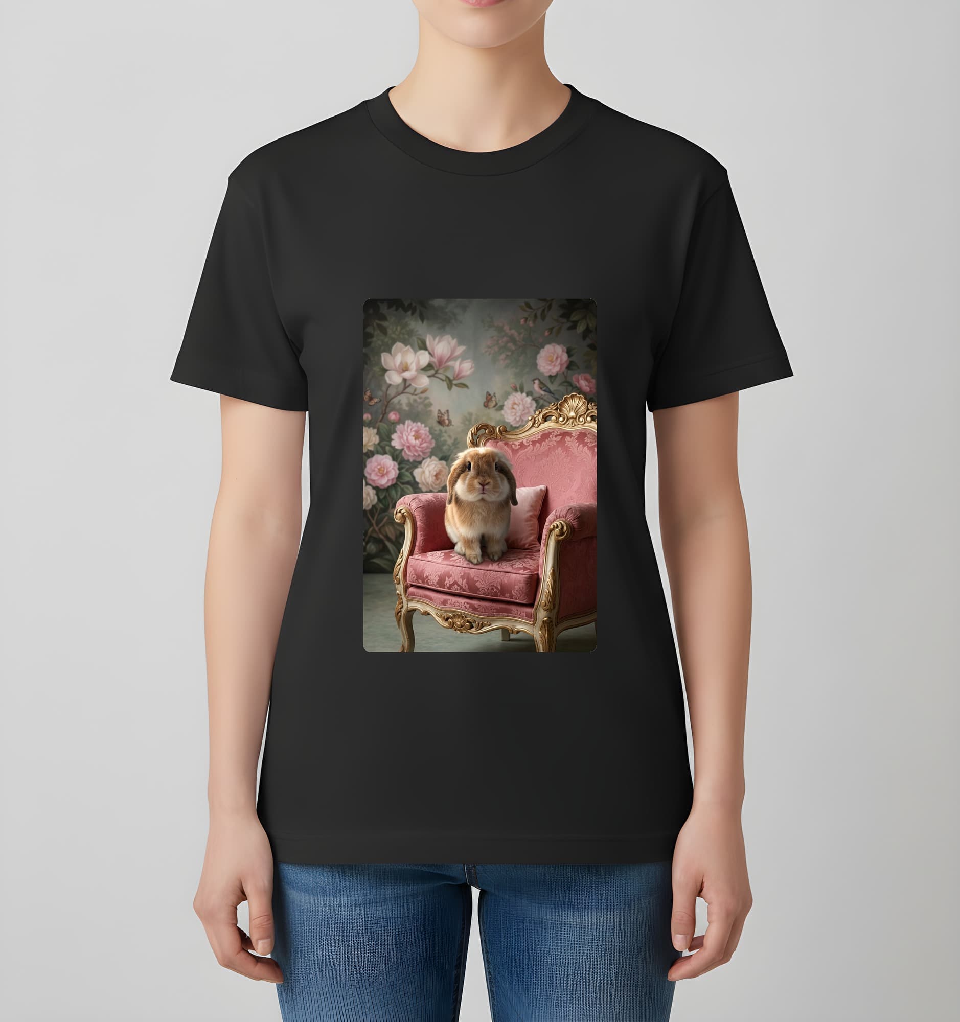 アメリカンファジーロップのシャビーピンクの油絵風アートロココ調Tシャツ(ブラック) 4