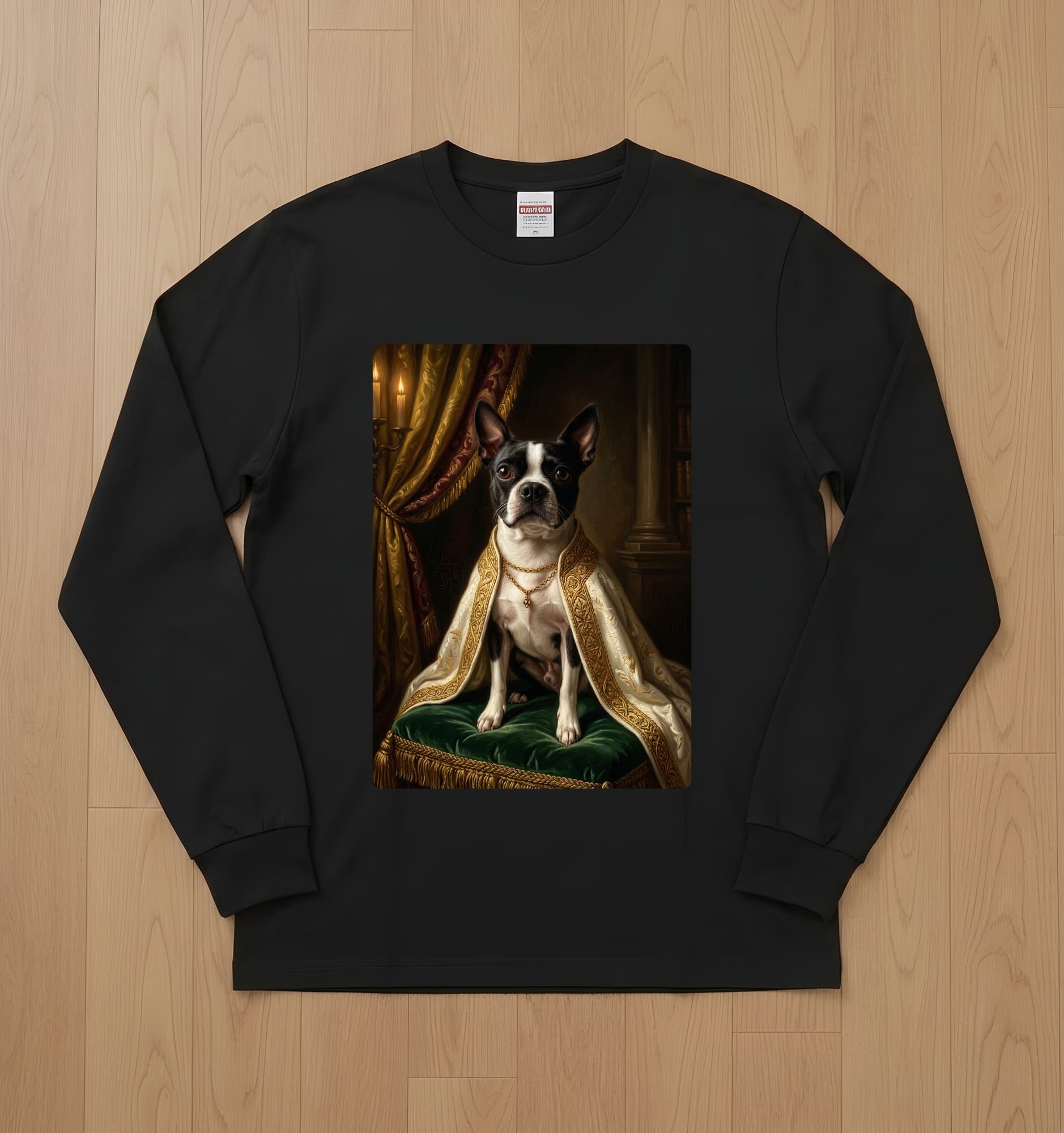 ボストンテリアのルネサンス肖像画長袖Tシャツ(ブラック)