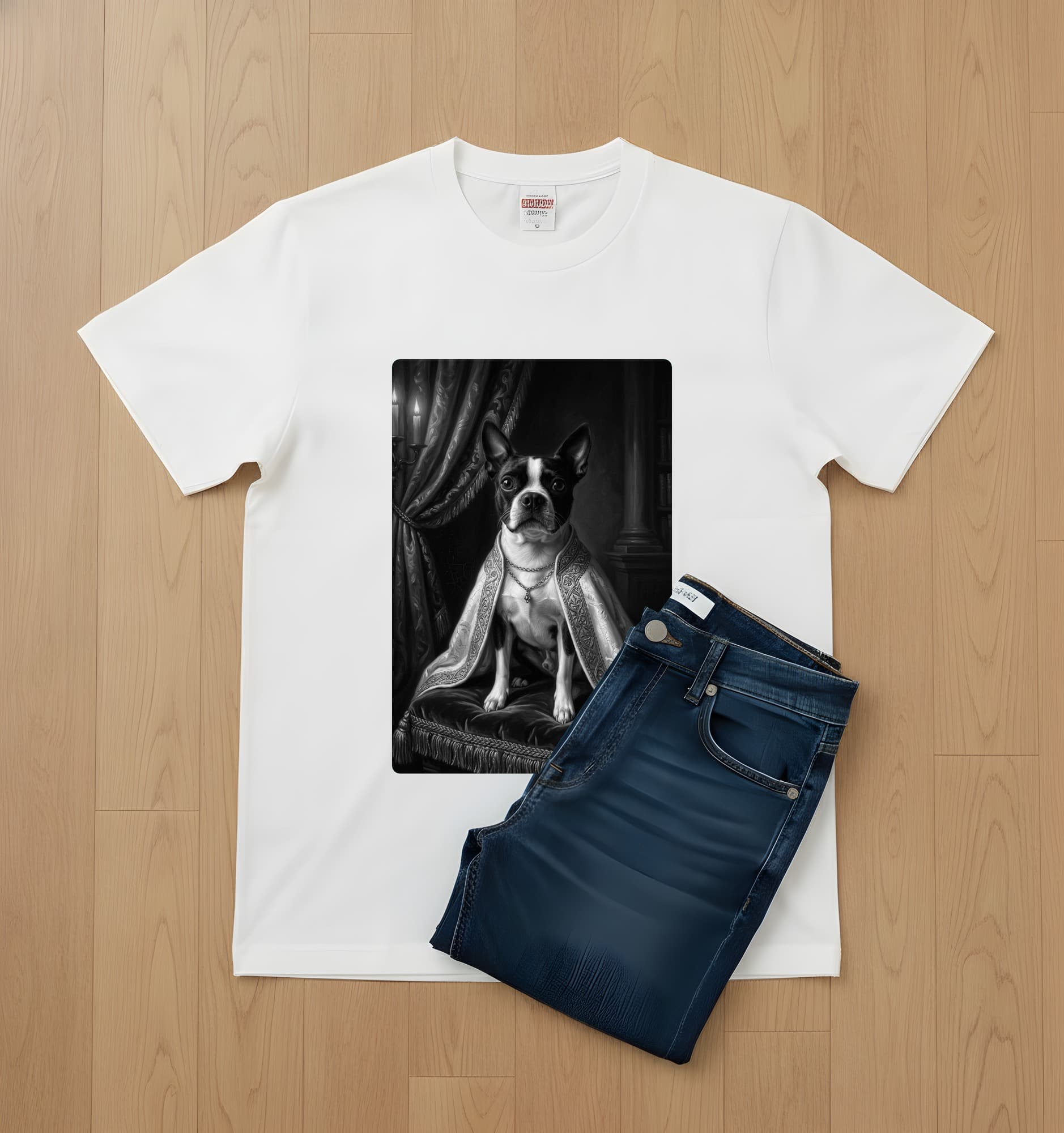 ボストンテリアのルネサンス肖像画Tシャツ(ホワイト・モノクロプリント・額縁なし) 2