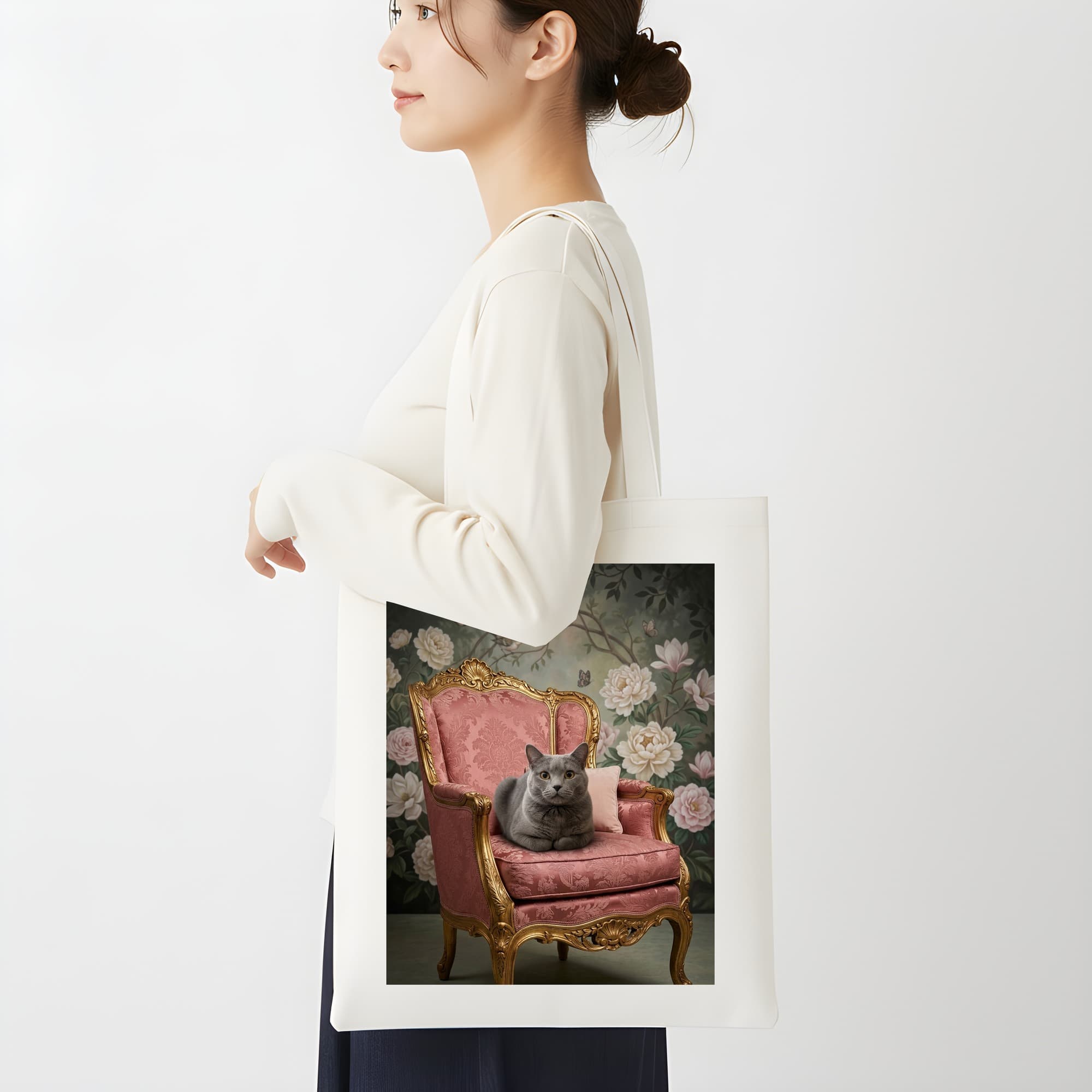 ブリティッシュショートヘアのシャビーピンクの油絵風アートロココ調トートバッグ 2