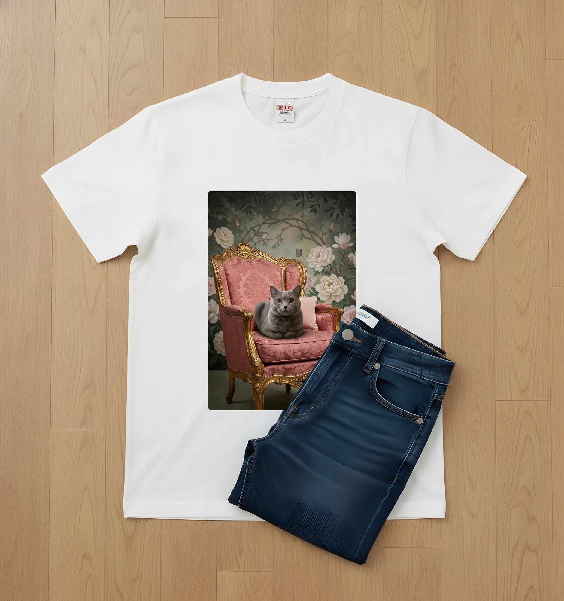 ブリティッシュショートヘアのシャビーピンクの油絵風アートロココ調Tシャツ(ホワイト) 2